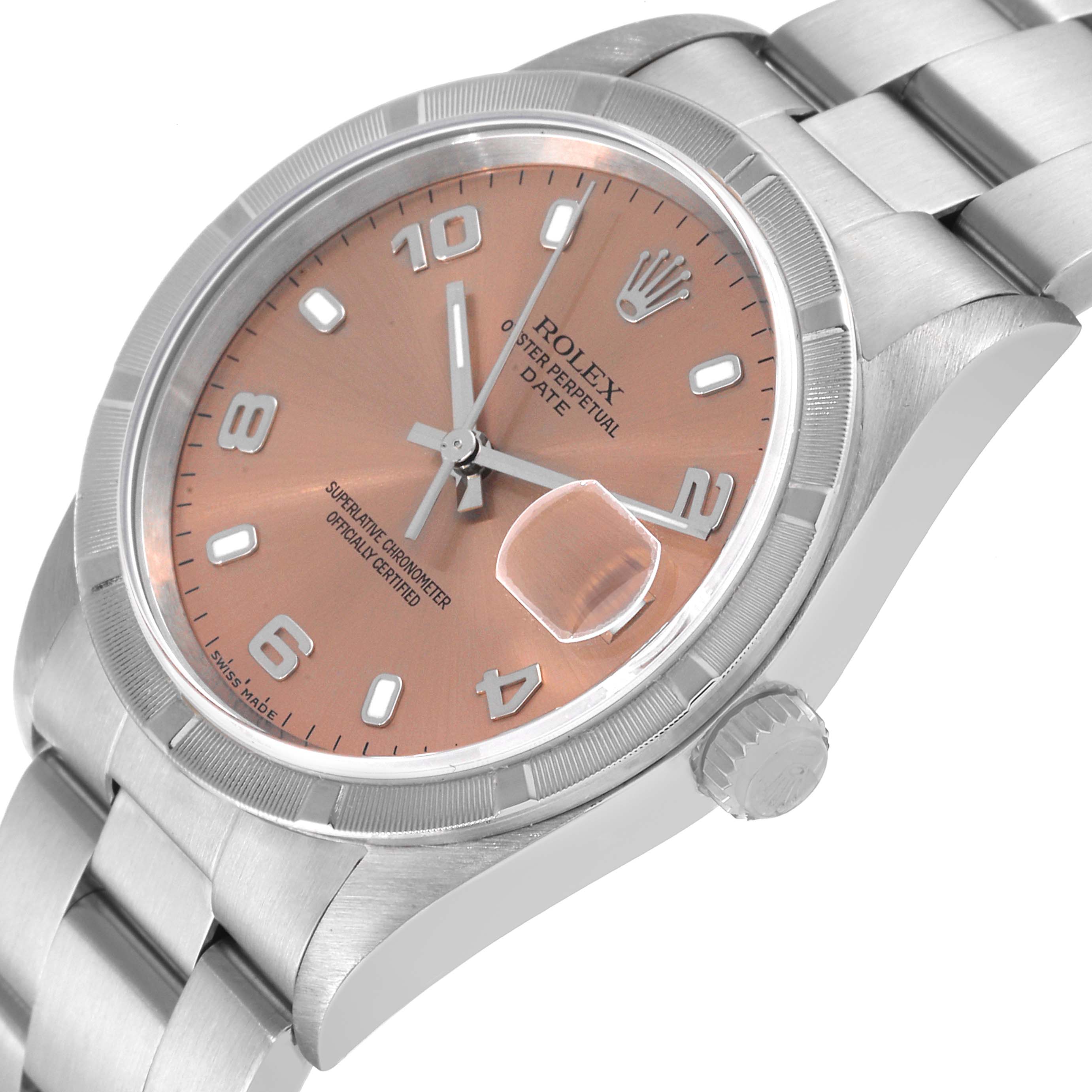 This Rolex Date 15210 Men's Stainless Steel Pink Dial 15210 Men's Stainless Steel Pink Dial model watch is shown from an angled side view, displaying the dial, crown, and part of the bracelet.