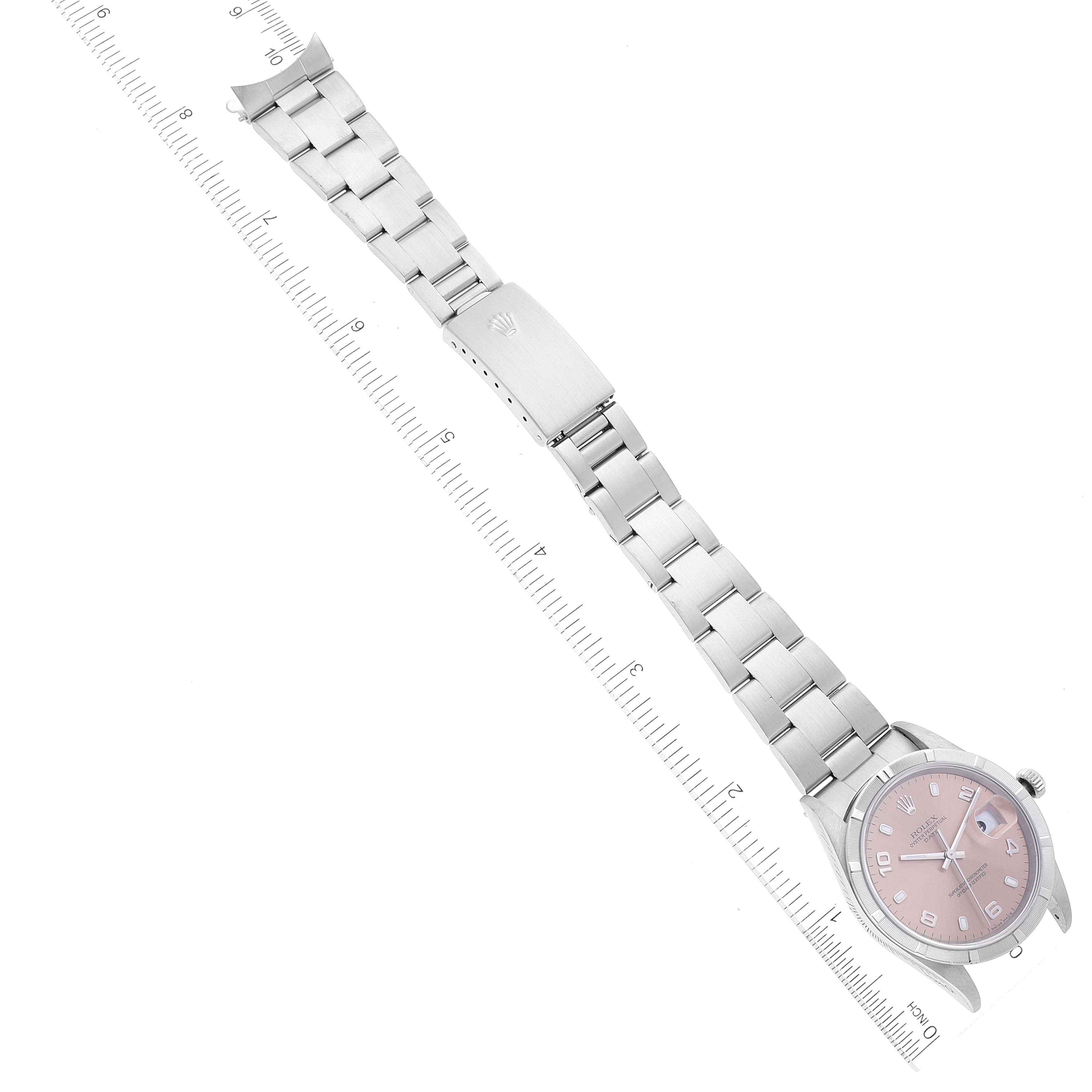 This image shows a full view of a Rolex Date 15210 Men's Stainless Steel Pink Dial 15210 Men's Stainless Steel Pink Dial watch laid flat, highlighting its bracelet and pink dial.