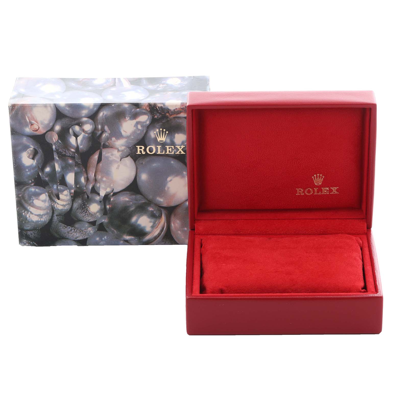 The image shows a red Rolex Datejust 79174 Women's Stainless Steel Silver Dial 79174 Women's Stainless Steel Silver Dial watch box with the outer printed sleeve.