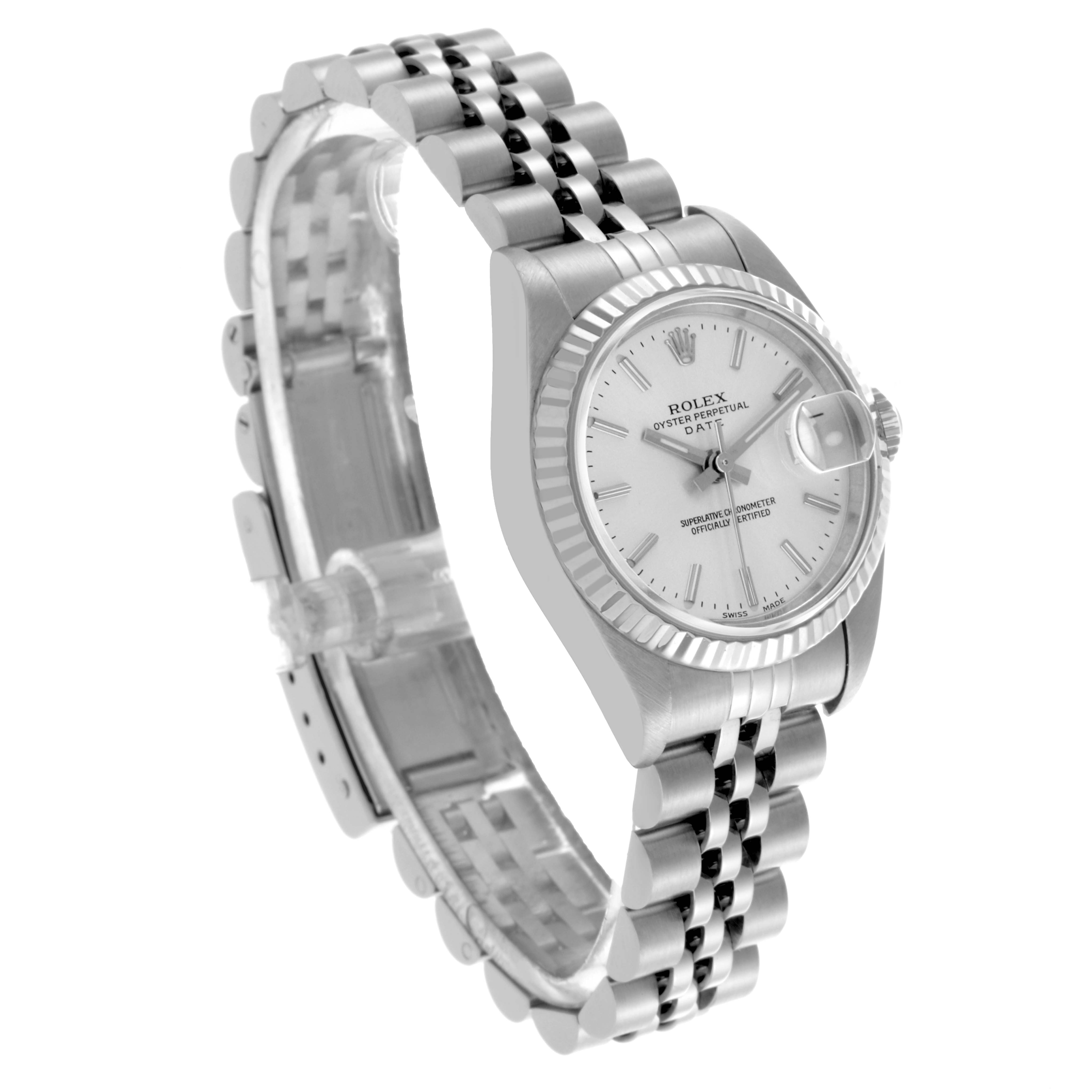 The Rolex Datejust 79174 Women's Stainless Steel Silver Dial 79174 Women's Stainless Steel Silver Dial watch is shown at a slight angle, highlighting the face, bezel, case, and bracelet.