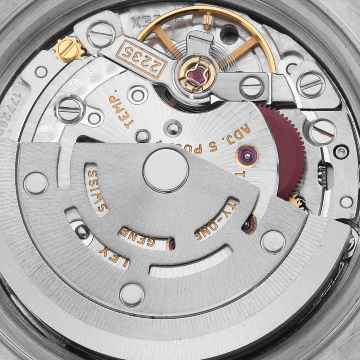 The image shows the movement mechanism inside a Rolex Datejust 79174 Women's Stainless Steel Silver Dial 79174 Women's Stainless Steel Silver Dial watch from a top-down angle.