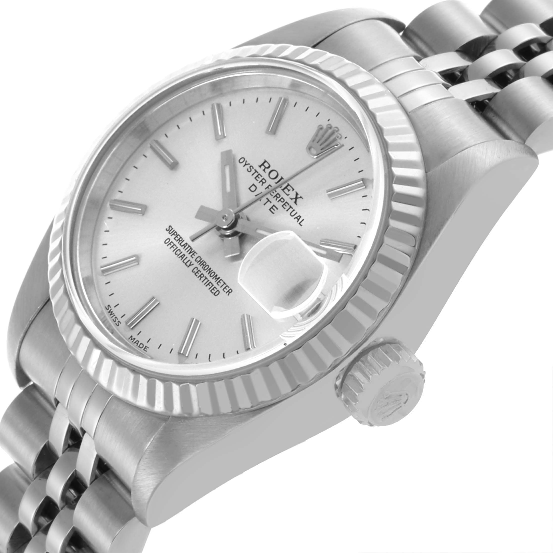 The Rolex Datejust 79174 Women's Stainless Steel Silver Dial 79174 Women's Stainless Steel Silver Dial watch is shown at an angled close-up, highlighting the dial, bezel, crown, and part of the bracelet.