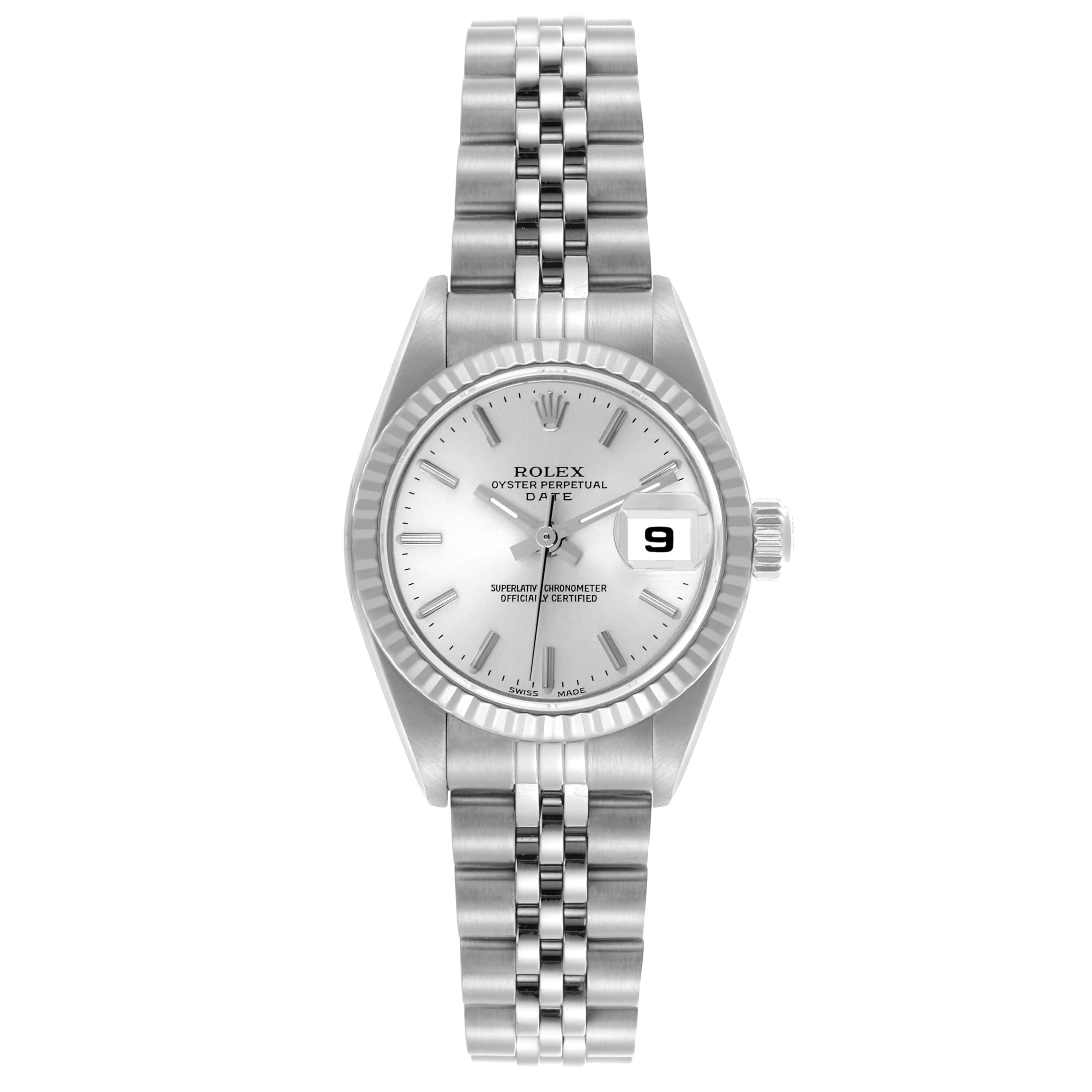 The Rolex Datejust 79174 Women's Stainless Steel Silver Dial 79174 Women's Stainless Steel Silver Dial watch is shown from the front, displaying the dial, bezel, crown, and bracelet.