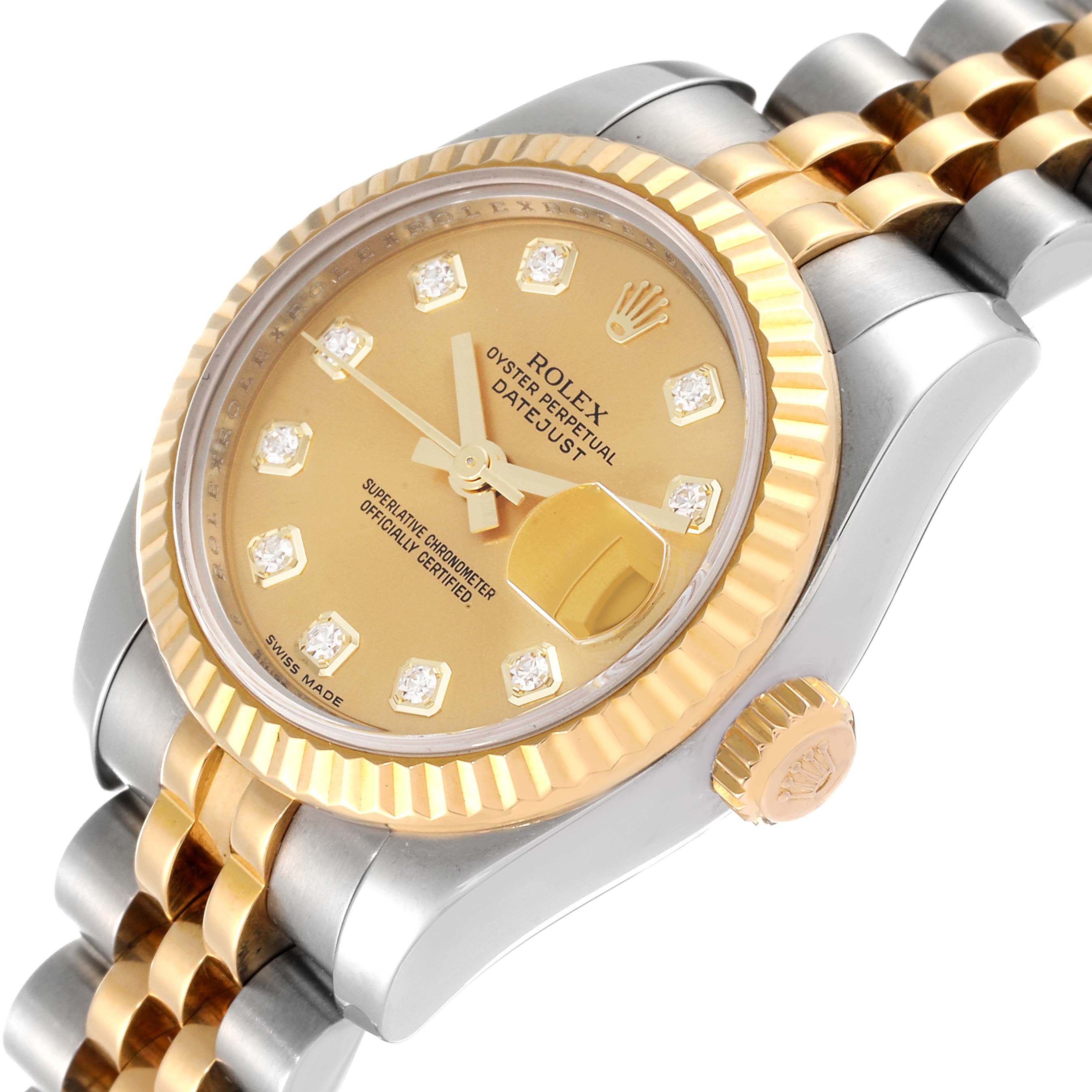 The image shows a close-up angled view of the Rolex Datejust 179173 Women's Steel and Gold (two tone) Champagne Dial 179173 Women's Steel and Gold (two tone) Champagne Dial watch, highlighting the gold dial, fluted bezel, and two-tone bracelet.