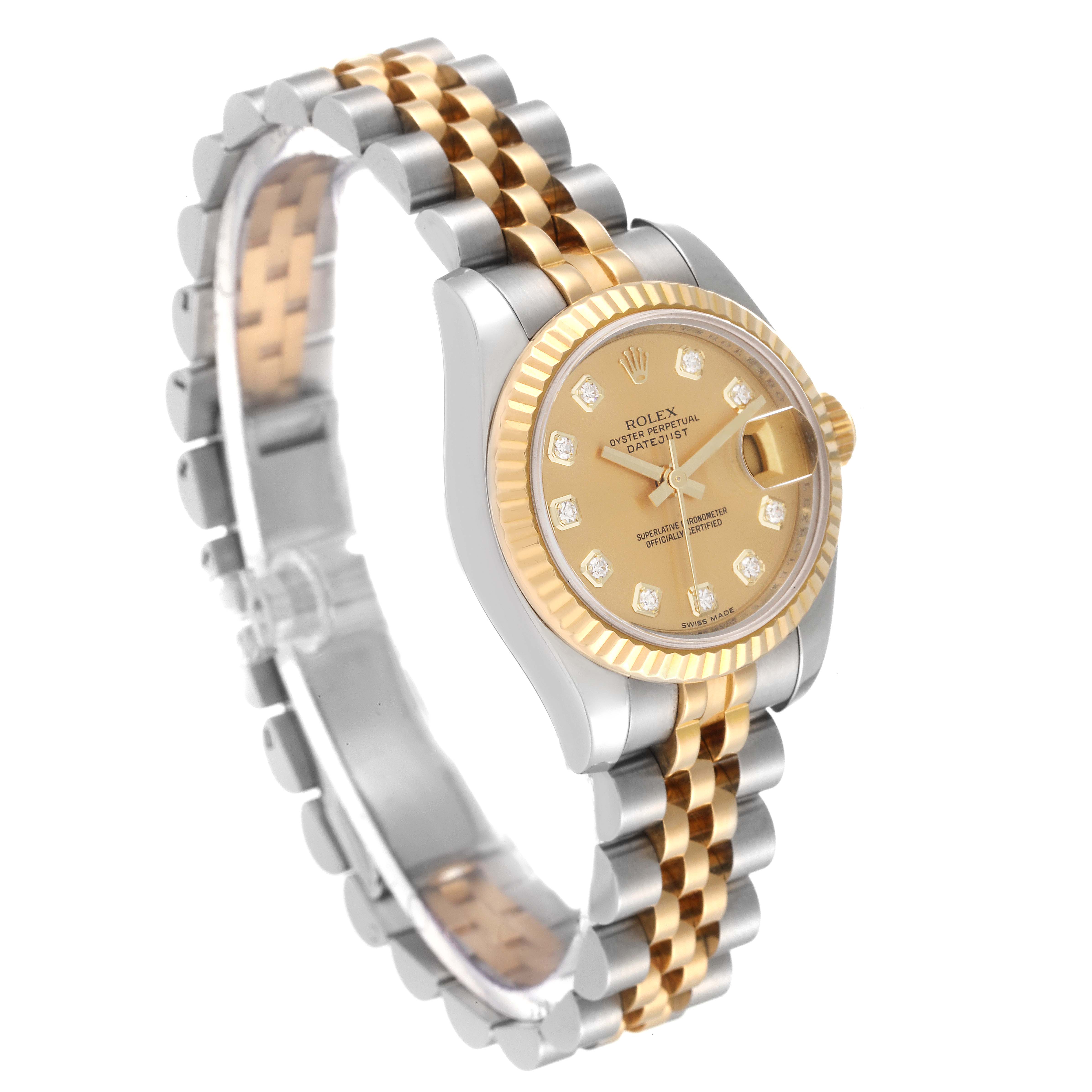 This image shows the Rolex Datejust 179173 Women's Steel and Gold (two tone) Champagne Dial 179173 Women's Steel and Gold (two tone) Champagne Dial watch at a three-quarter angle, highlighting its two-tone bracelet and gold dial with diamond markers.