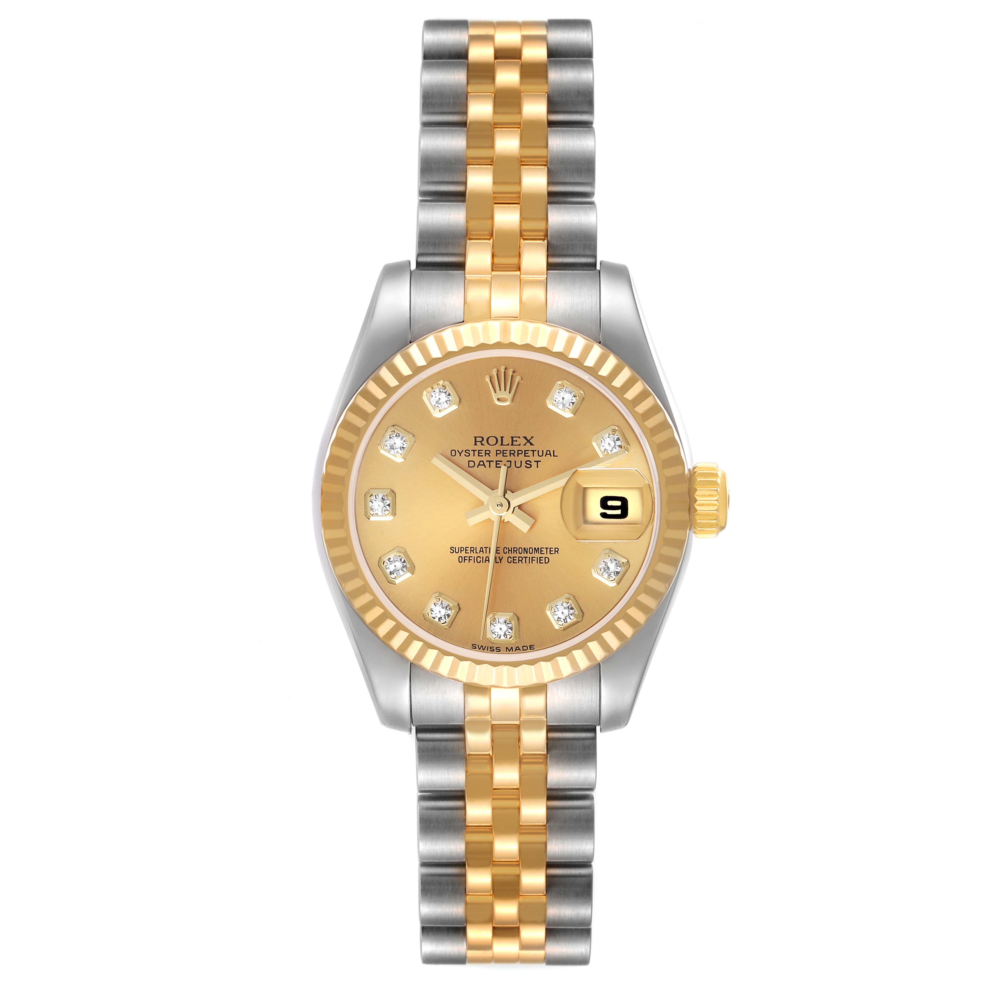 This is a Rolex Datejust 179173 Women's Steel and Gold (two tone) Champagne Dial 179173 Women's Steel and Gold (two tone) Champagne Dial watch shown from a top-down angle, displaying its face, bezel, and Jubilee bracelet.