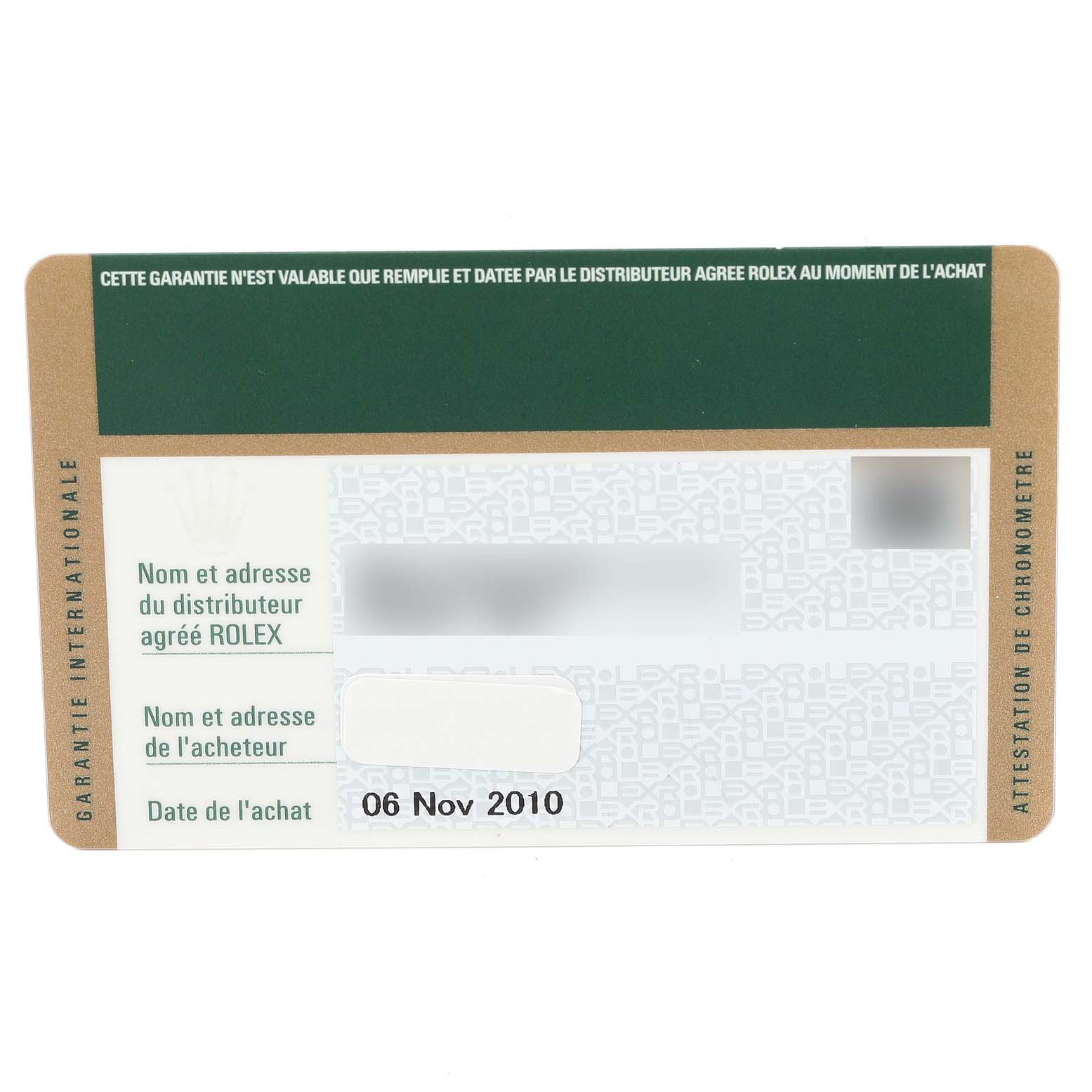 This image shows a Rolex Datejust 179173 Women's Steel and Gold (two tone) Champagne Dial 179173 Women's Steel and Gold (two tone) Champagne Dial warranty card, displaying details such as purchase date, distributor, and buyer information.