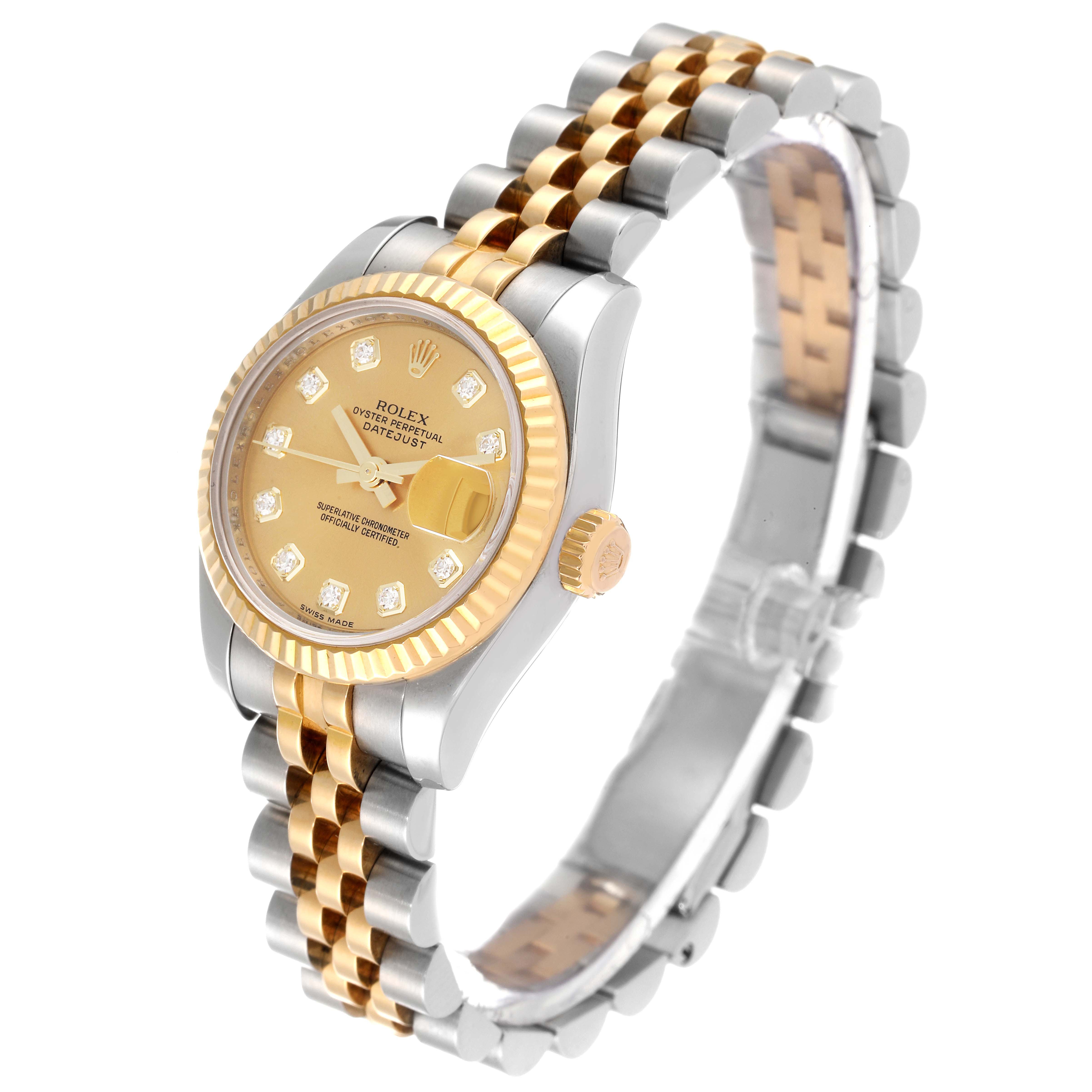 The Rolex Datejust 179173 Women's Steel and Gold (two tone) Champagne Dial 179173 Women's Steel and Gold (two tone) Champagne Dial watch is shown at an angle showcasing the dial, fluted bezel, crown, and Jubilee bracelet.