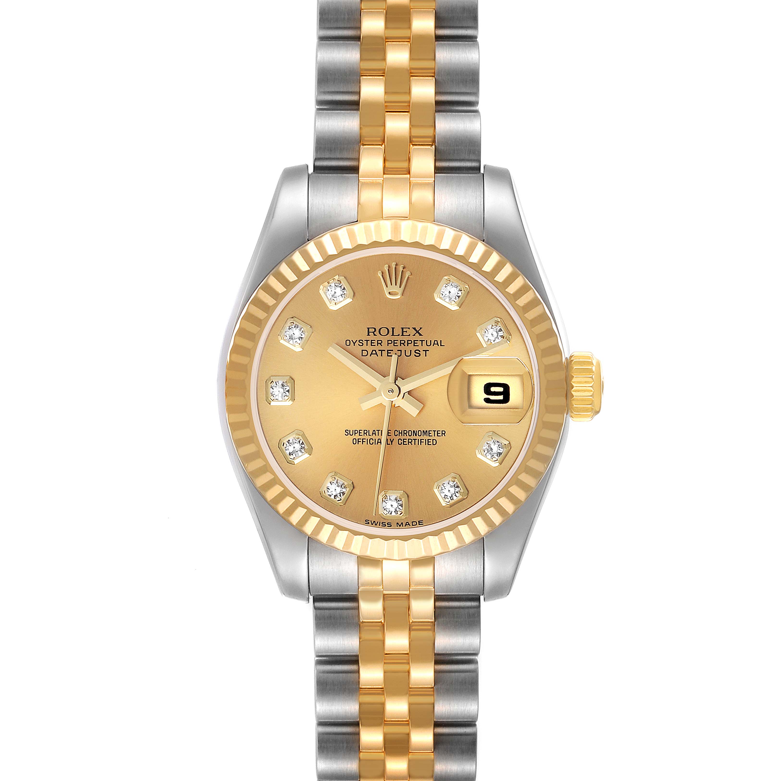 This image shows a front view of the Rolex Datejust 179173 Women's Steel and Gold (two tone) Champagne Dial 179173 Women's Steel and Gold (two tone) Champagne Dial watch, showcasing its gold dial, fluted bezel, and two-tone bracelet.