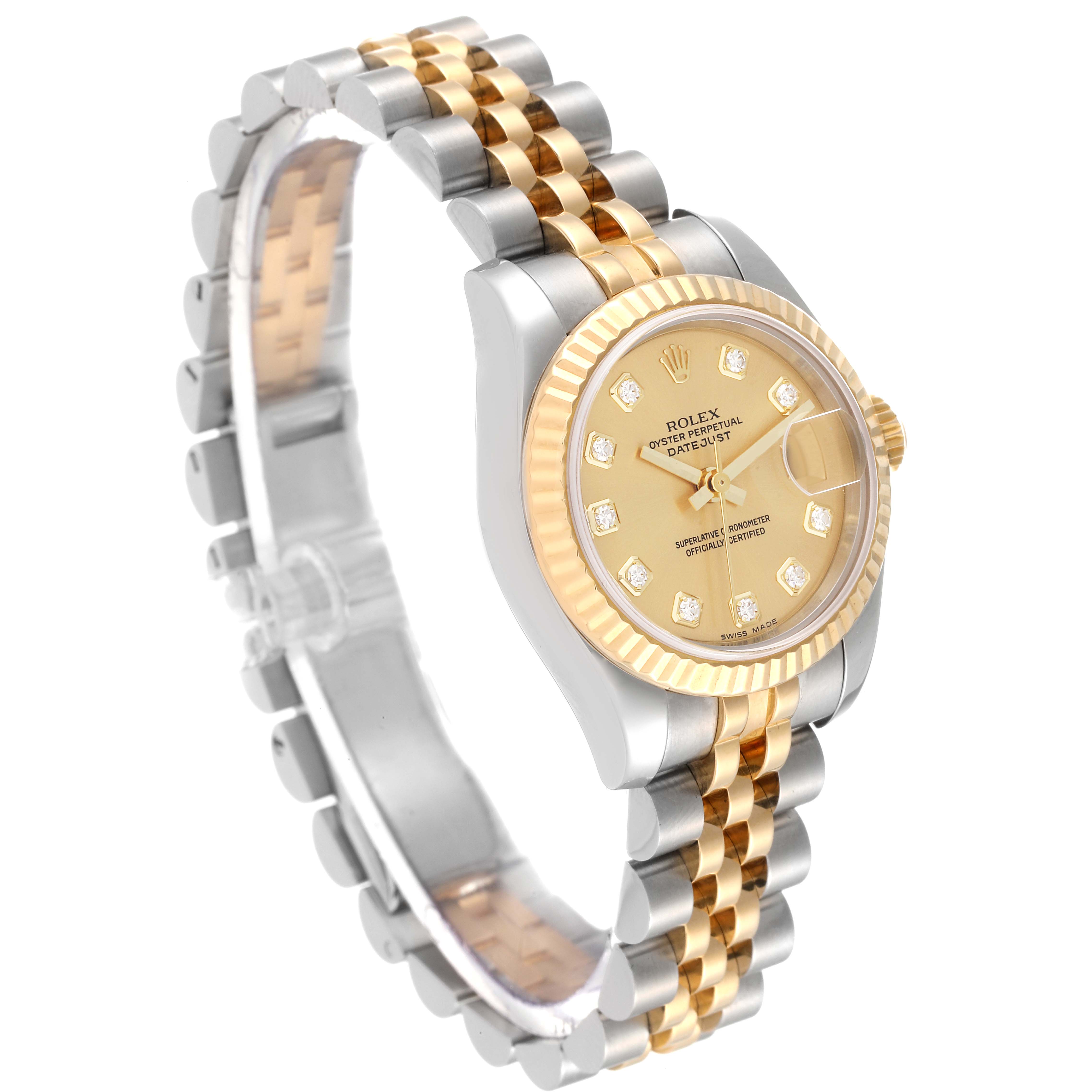 The image shows a Rolex Datejust 179173 Women's Steel and Gold (two tone) Champagne Dial 179173 Women's Steel and Gold (two tone) Champagne Dial watch angled from the front-left, highlighting its two-tone bracelet, gold dial, and fluted bezel.