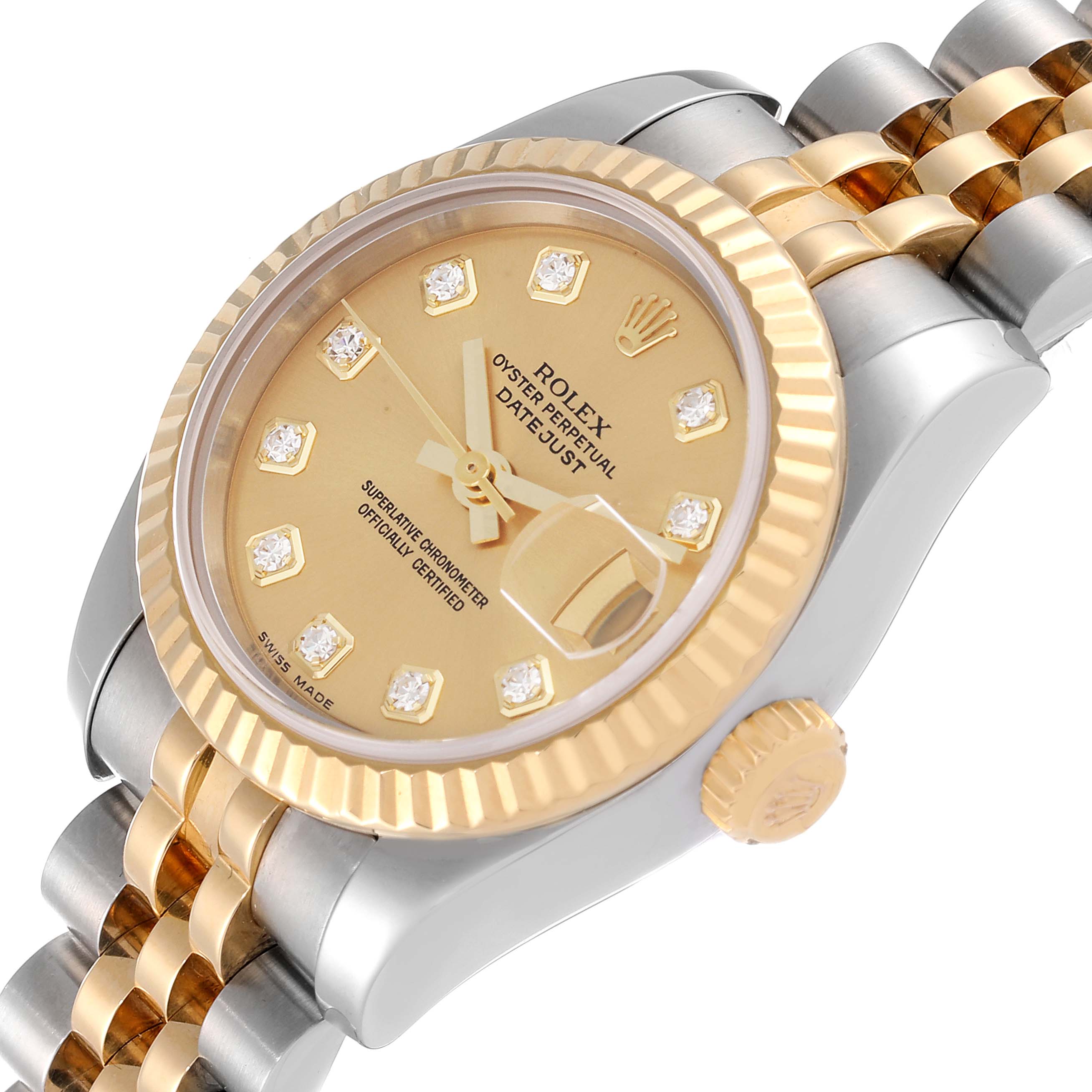 The image shows a Rolex Datejust 179173 Women's Steel and Gold (two tone) Champagne Dial 179173 Women's Steel and Gold (two tone) Champagne Dial watch from a slight side angle, highlighting the dial, bezel, crown, and part of the bracelet.