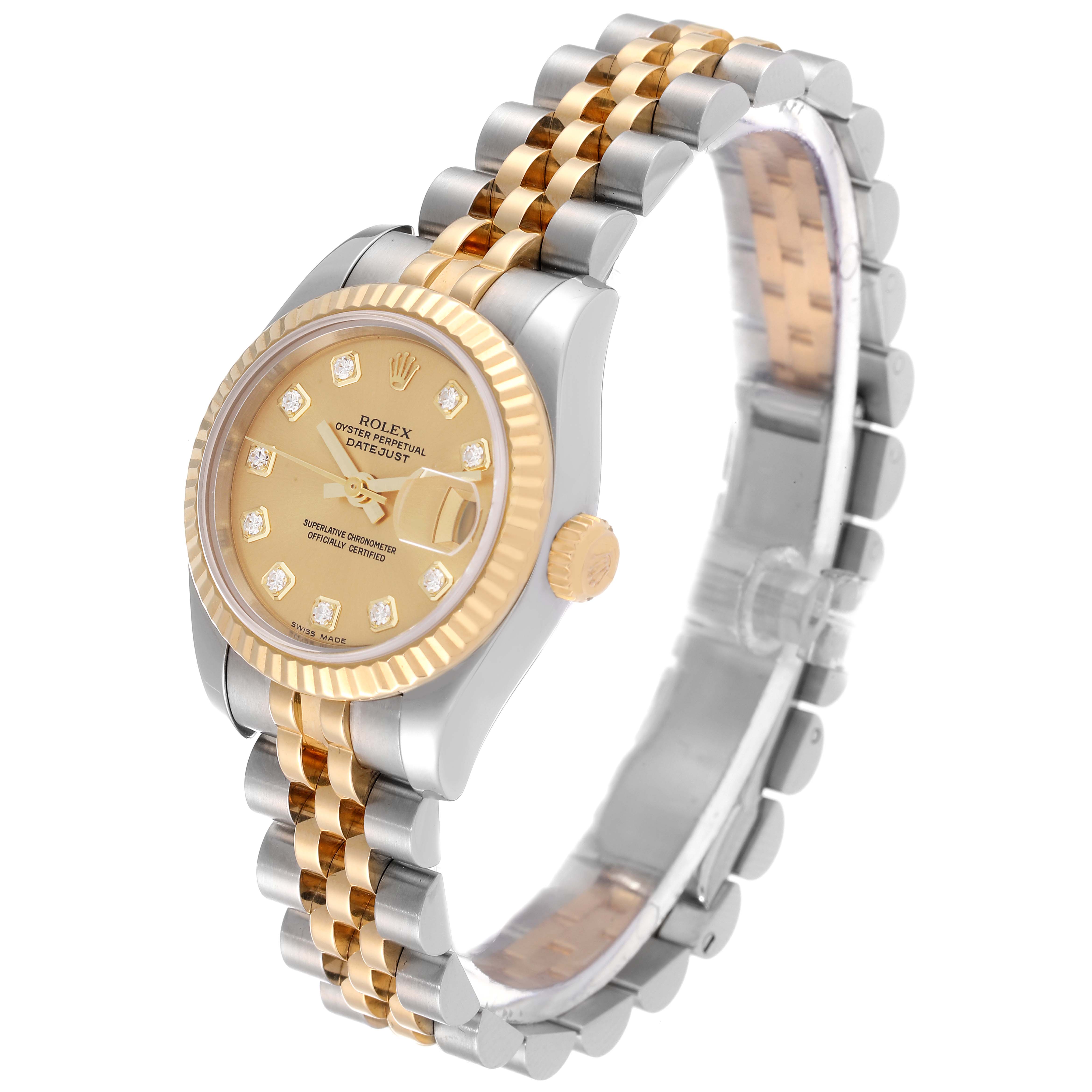 The image shows a Rolex Datejust 179173 Women's Steel and Gold (two tone) Champagne Dial 179173 Women's Steel and Gold (two tone) Champagne Dial watch at a three-quarter angle, highlighting the face, fluted bezel, and two-tone bracelet.