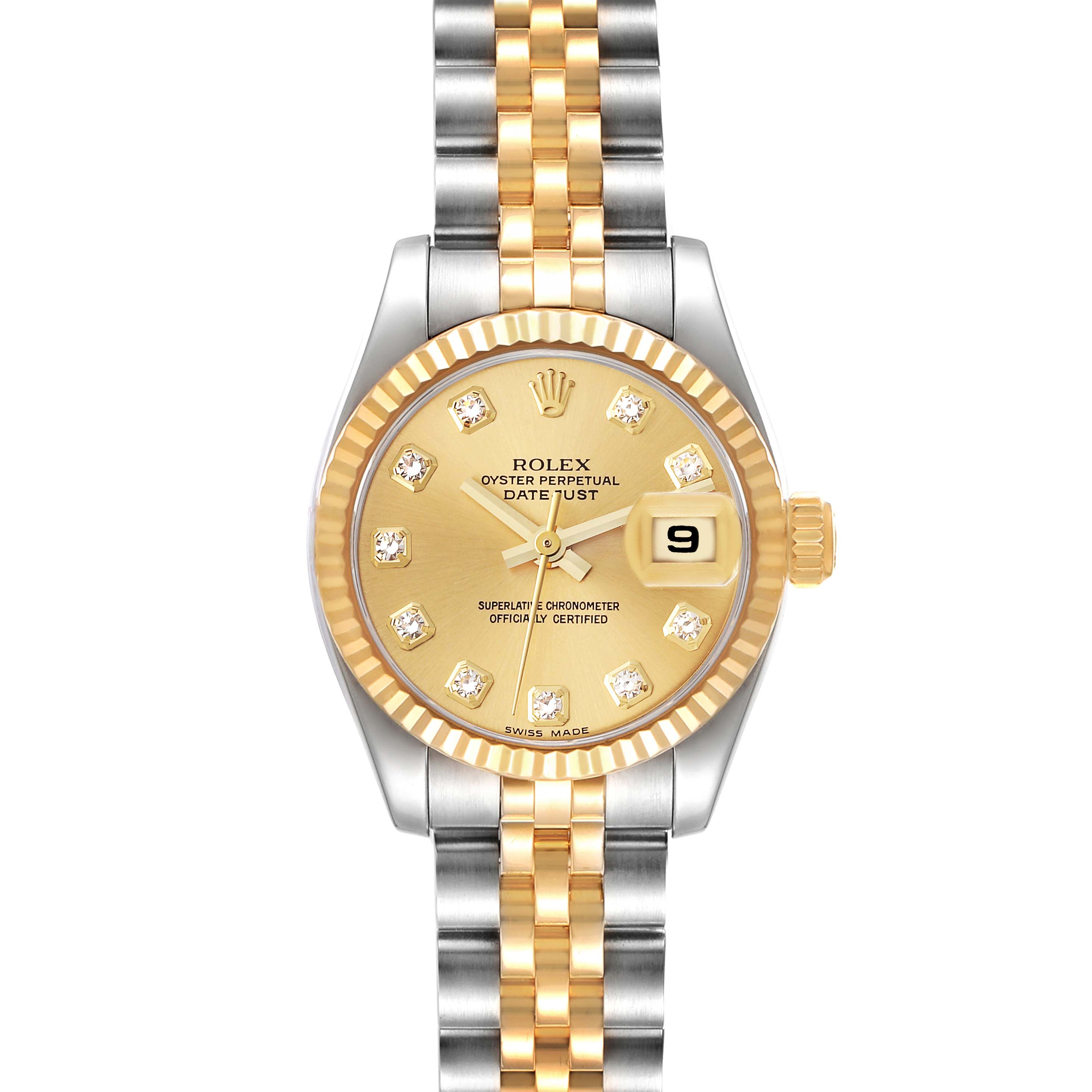 This image shows a top-down view of the Rolex Datejust 179173 Women's Steel and Gold (two tone) Champagne Dial 179173 Women's Steel and Gold (two tone) Champagne Dial watch, highlighting its gold and silver bracelet, champagne dial, and fluted bezel.