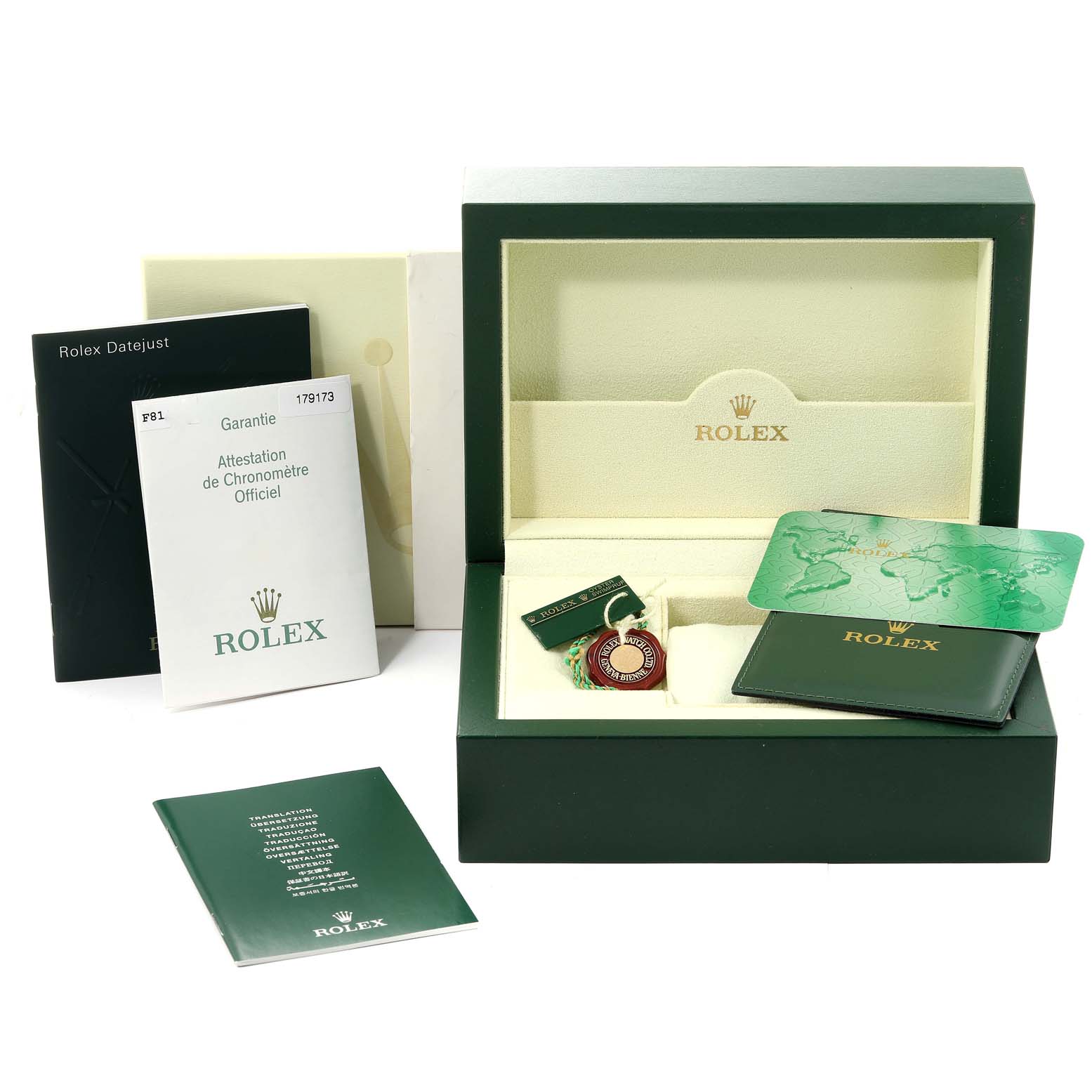 The image shows the packaging, guarantee documents, and accessories for the Rolex Datejust 179173 Women's Steel and Gold (two tone) Champagne Dial 179173 Women's Steel and Gold (two tone) Champagne Dial watch model.