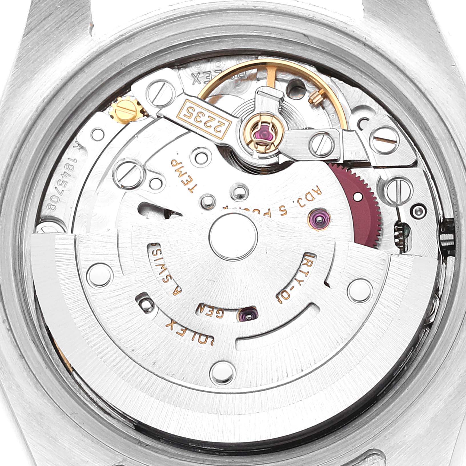 This image shows the internal mechanism and movement parts of the Rolex Datejust 179173 Women's Steel and Gold (two tone) Champagne Dial 179173 Women's Steel and Gold (two tone) Champagne Dial watch from a top-down view.
