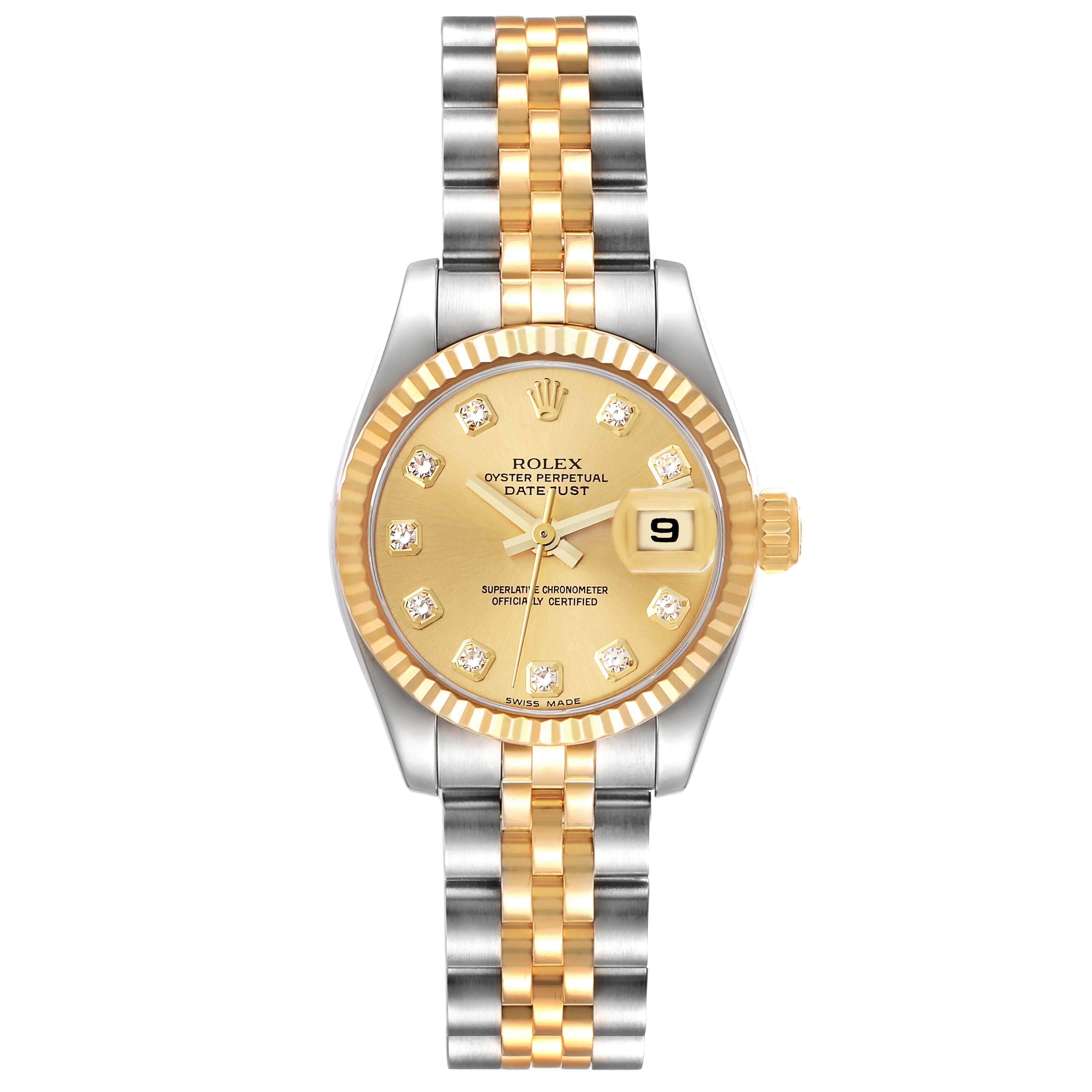 The image shows a Rolex Datejust 179173 Women's Steel and Gold (two tone) Champagne Dial 179173 Women's Steel and Gold (two tone) Champagne Dial watch with a gold and silver bracelet, gold dial, and diamond hour markers viewed from the front.
