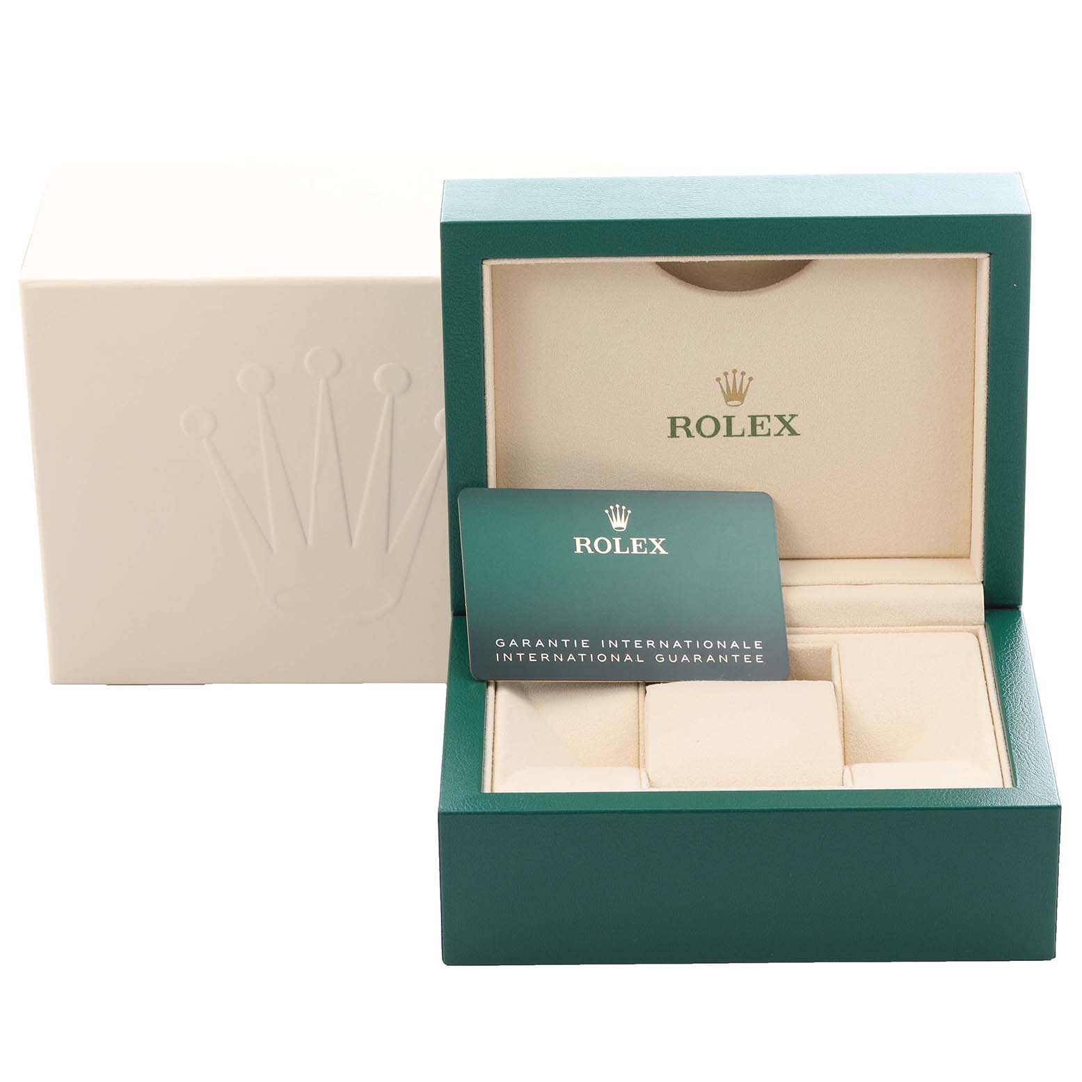 The image shows an open Rolex Mid-Size 178241 Women's Steel and Gold (two tone) White Dial 178241 Women's Steel and Gold (two tone) White Dial watch box with a guarantee card and an outer box in a slightly angled view.