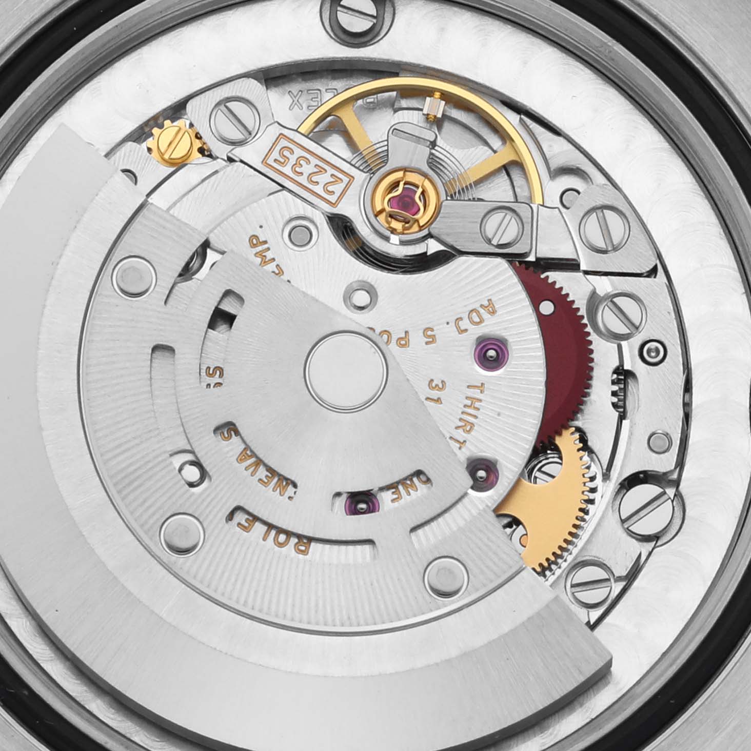 This image shows the movement of a Rolex Mid-Size 178241 Women's Steel and Gold (two tone) White Dial 178241 Women's Steel and Gold (two tone) White Dial watch from a top-down angle.