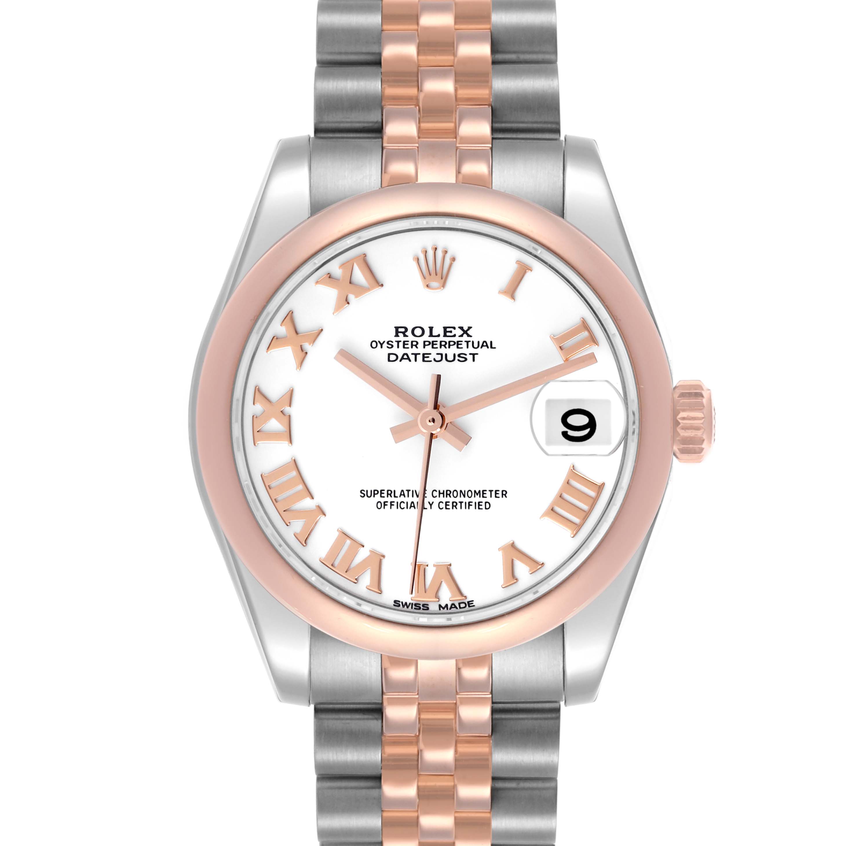 The Rolex Mid-Size 178241 Women's Steel and Gold (two tone) White Dial 178241 Women's Steel and Gold (two tone) White Dial Datejust is shown from the front, displaying the face, bezel, hands, and bracelet.