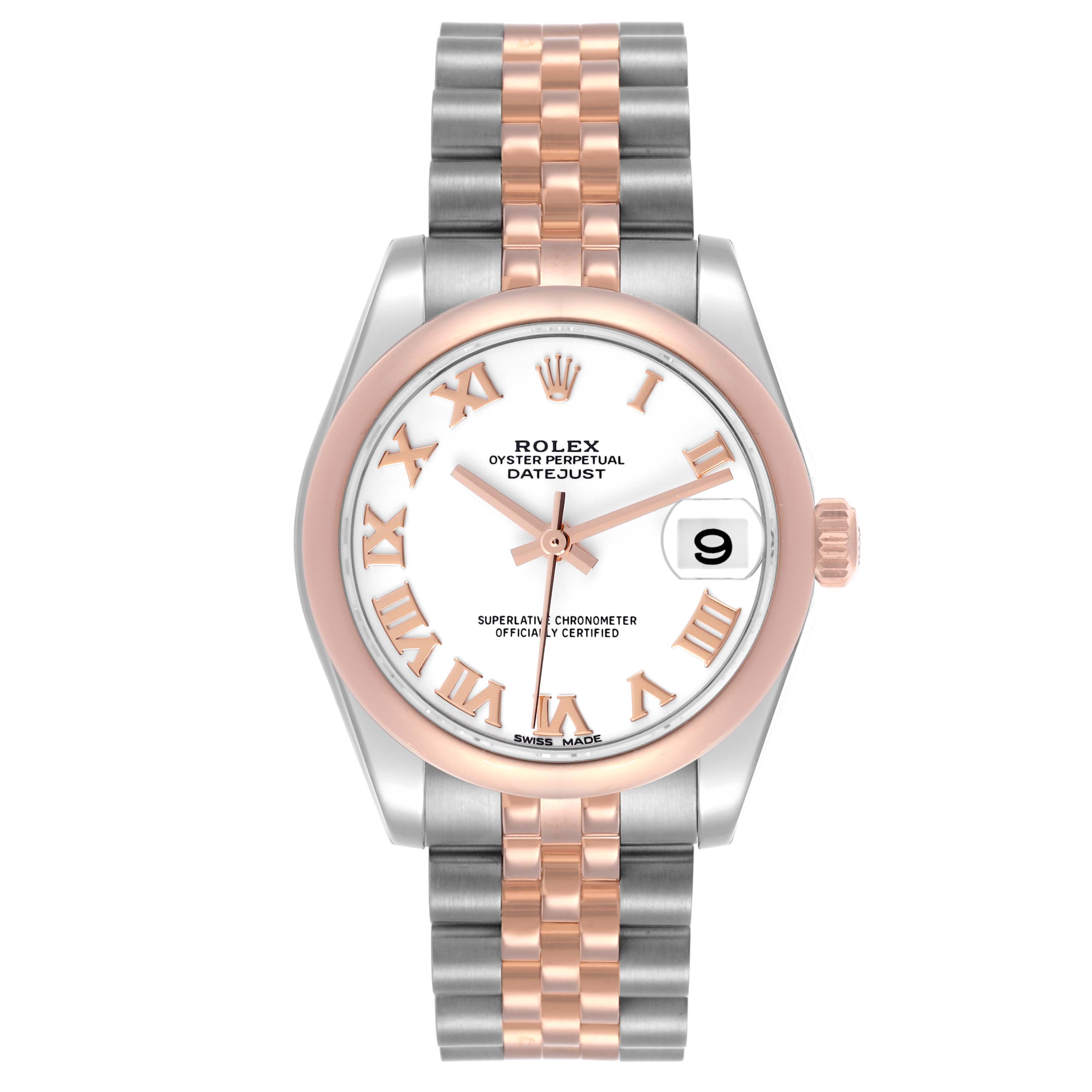 The Rolex Mid-Size 178241 Women's Steel and Gold (two tone) White Dial 178241 Women's Steel and Gold (two tone) White Dial watch is shown from a top-down angle, featuring its bezel, dial, hands, and bracelet.