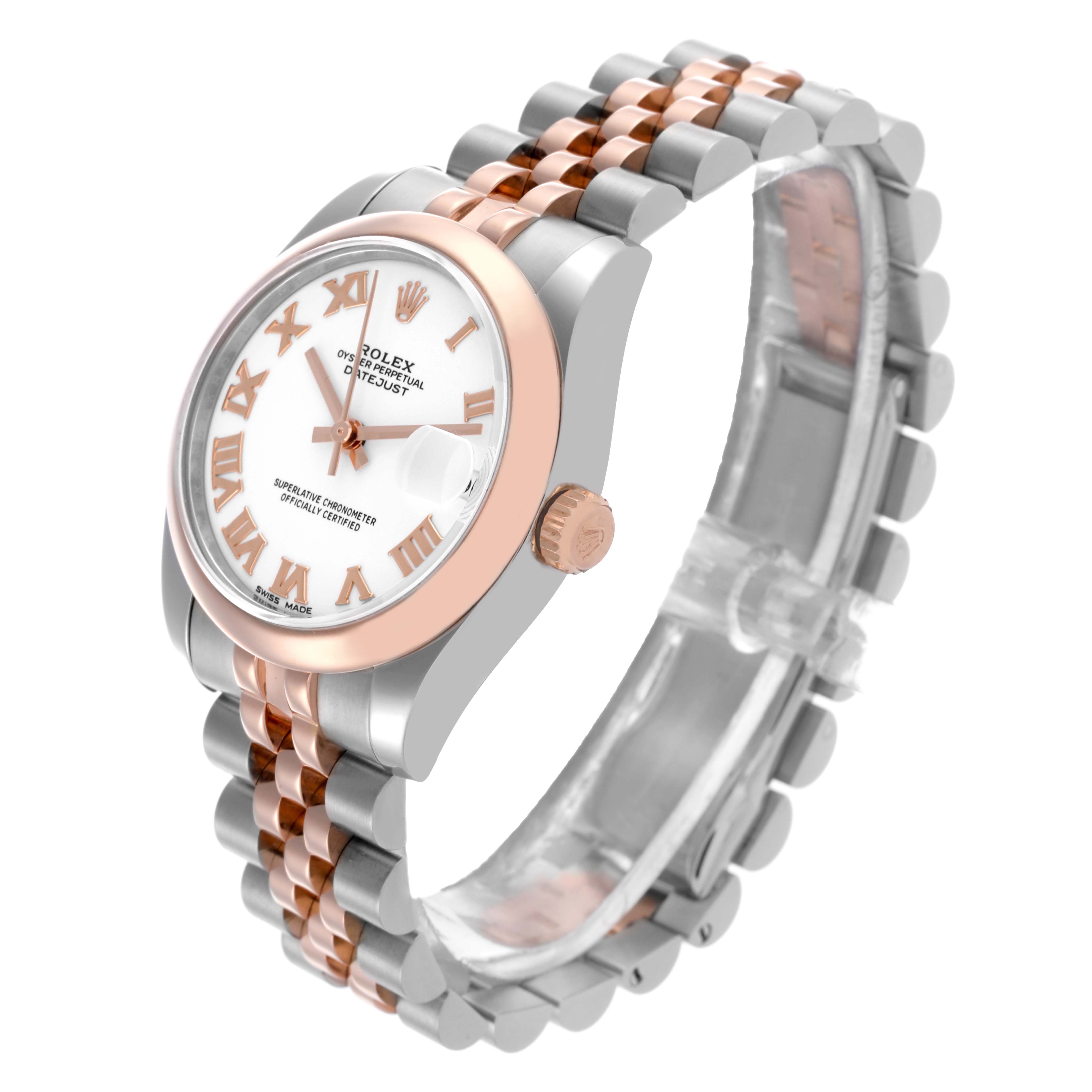 The Rolex Mid-Size 178241 Women's Steel and Gold (two tone) White Dial 178241 Women's Steel and Gold (two tone) White Dial watch is shown at a three-quarter angle, displaying its face, bezel, crown, and bracelet.