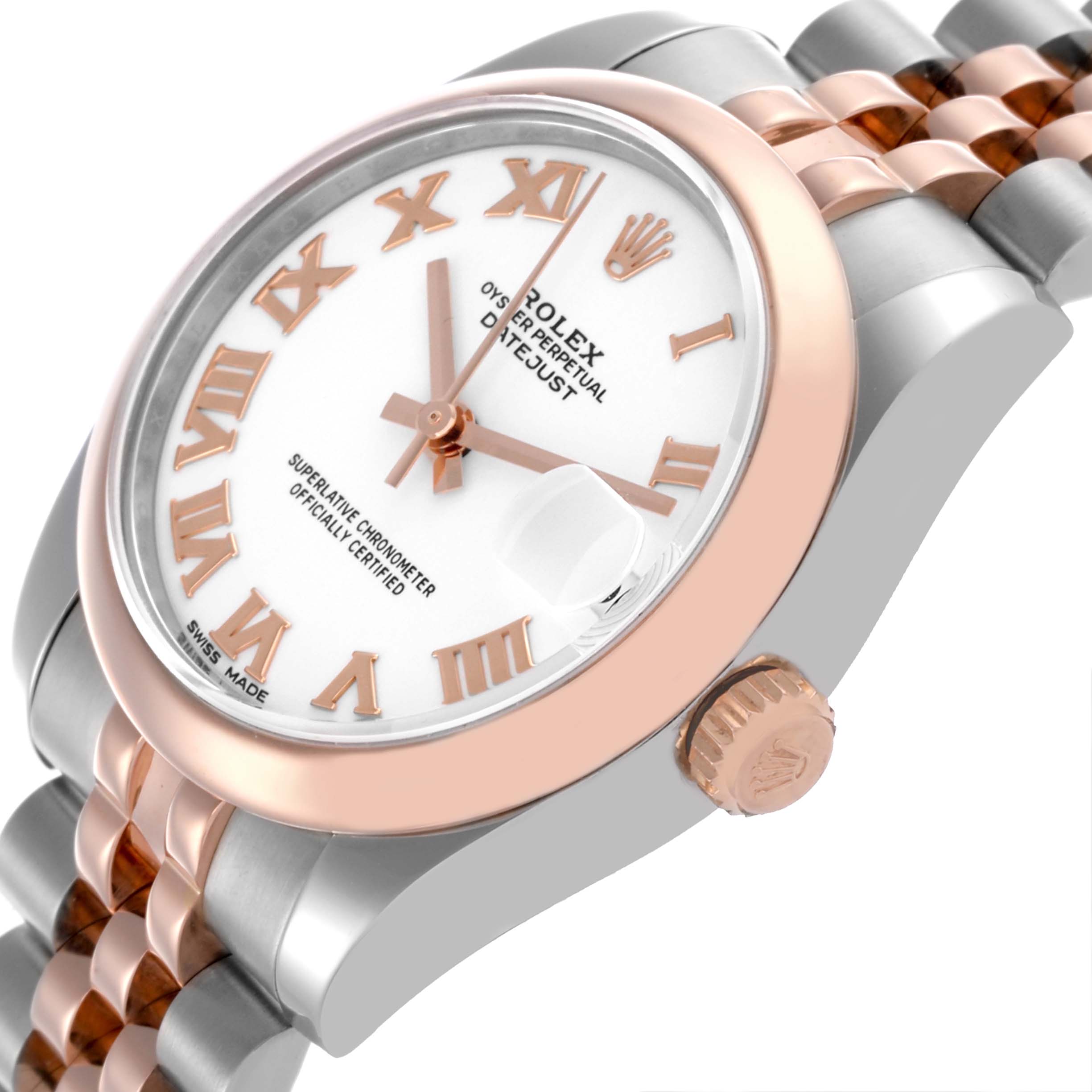 The Rolex Mid-Size 178241 Women's Steel and Gold (two tone) White Dial 178241 Women's Steel and Gold (two tone) White Dial watch is shown at an angle highlighting the face, bezel, bracelet, and crown.