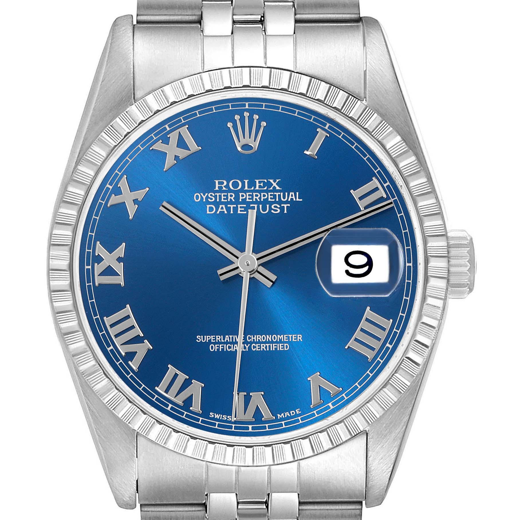 The Rolex Datejust 16220 Men's Stainless Steel Blue Dial 16220 Men's Stainless Steel Blue Dial watch is shown from the front, displaying the blue dial, Roman numerals, bezel, and bracelet.