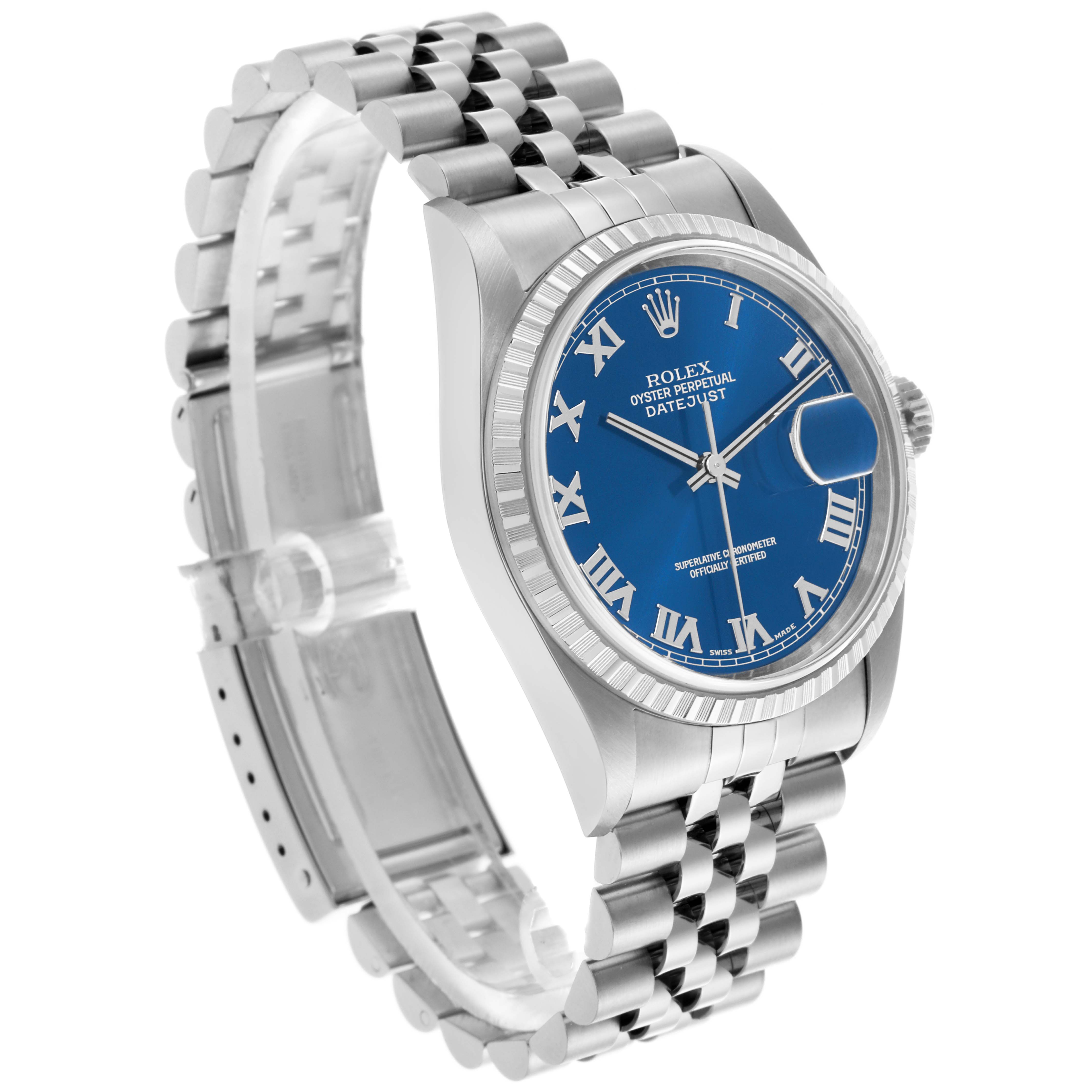 The Rolex Datejust 16220 Men's Stainless Steel Blue Dial 16220 Men's Stainless Steel Blue Dial is shown at a three-quarter angle, displaying the blue dial, bezel, crown, and bracelet with Jubilee links.