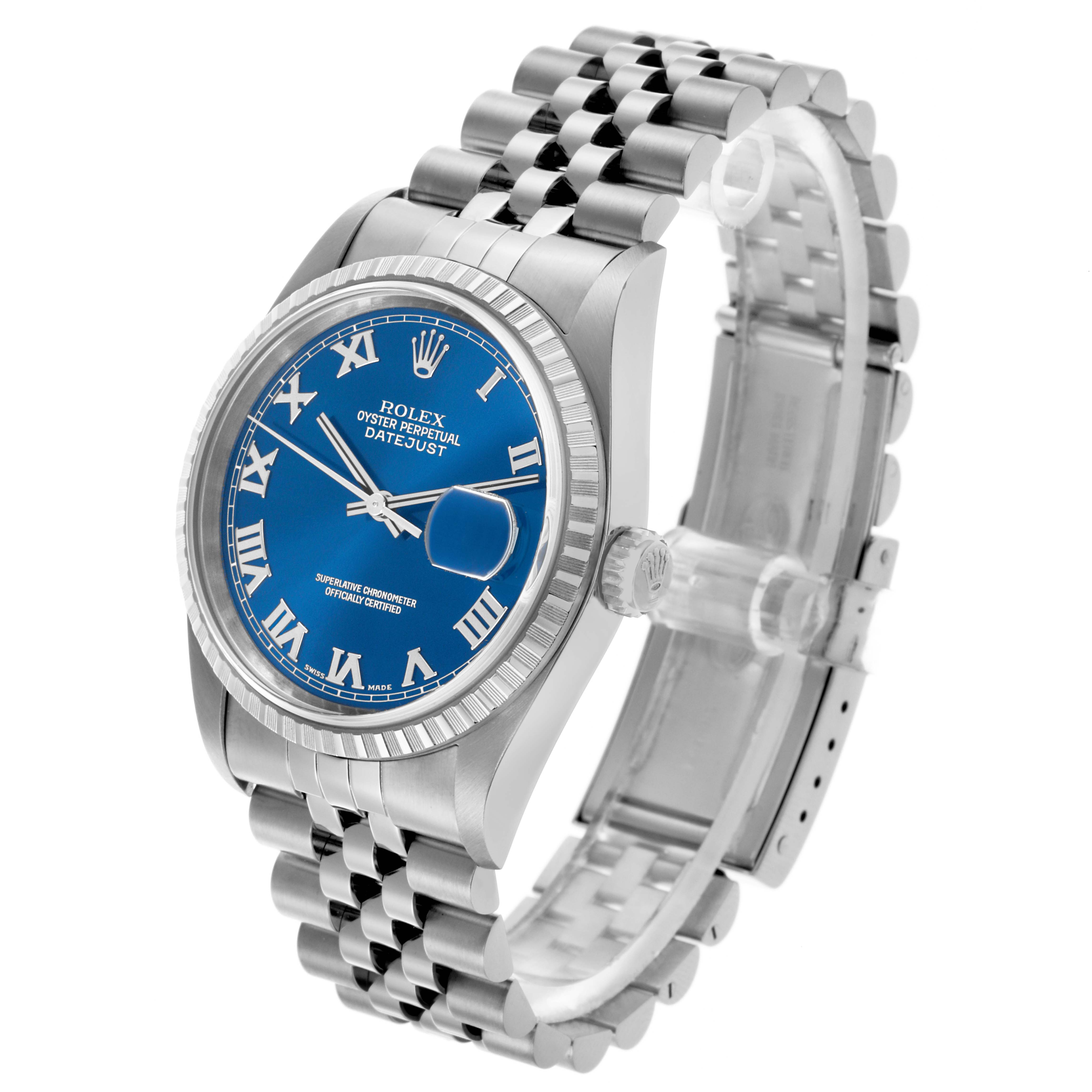 The Rolex Datejust 16220 Men's Stainless Steel Blue Dial 16220 Men's Stainless Steel Blue Dial watch is shown at an angled side view highlighting the bezel, blue dial, and part of the bracelet.