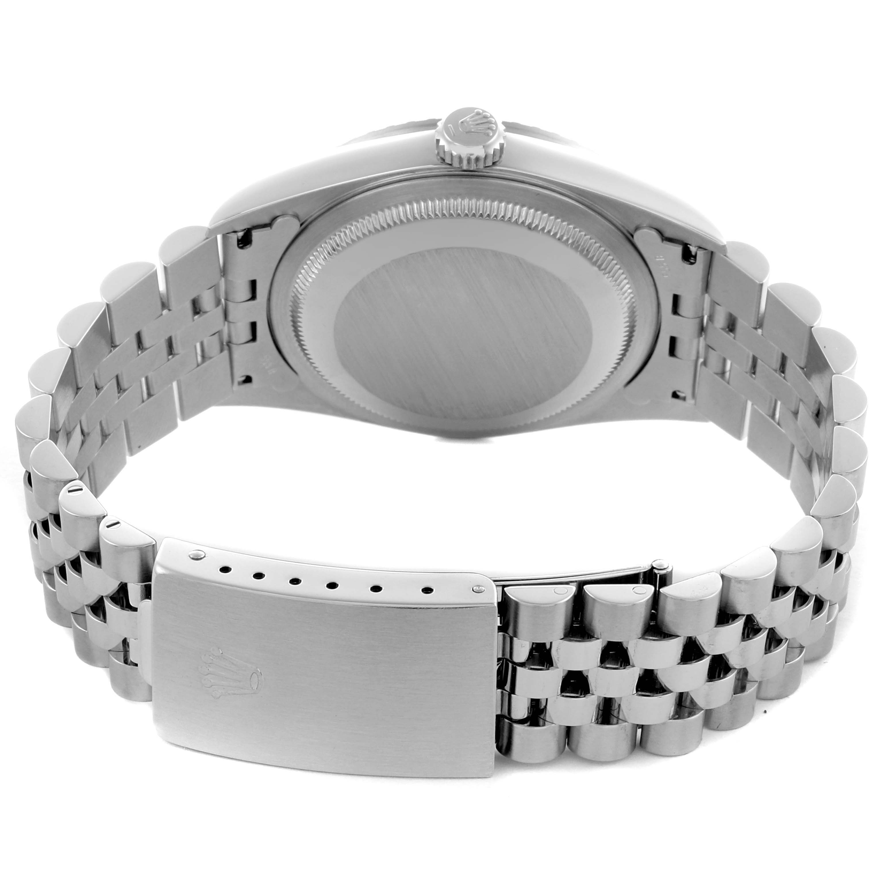 The image shows the back of a Rolex Datejust 16220 Men's Stainless Steel Blue Dial 16220 Men's Stainless Steel Blue Dial watch, highlighting its bracelet and clasp.