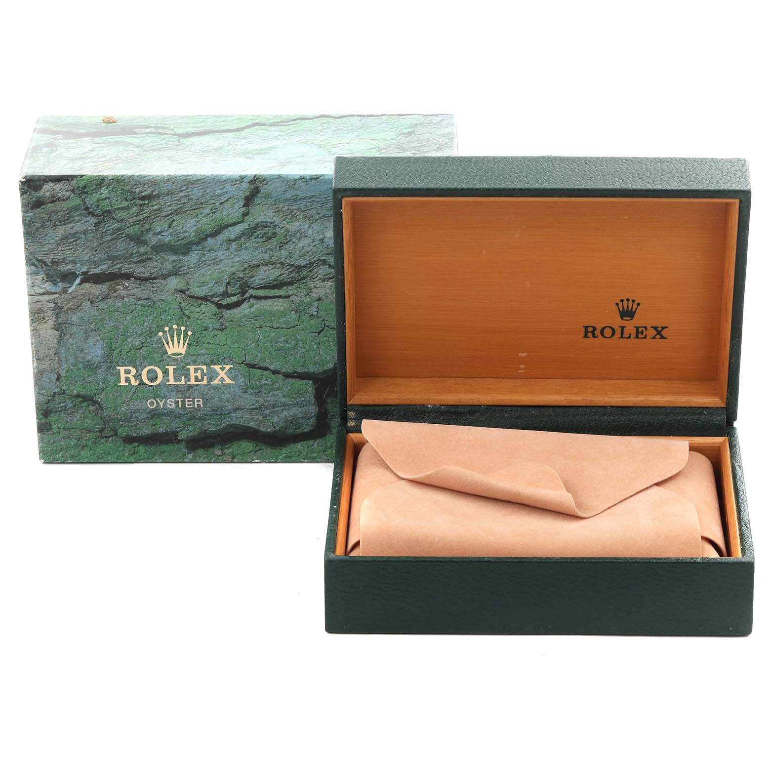 The image shows a Rolex Datejust 16220 Men's Stainless Steel Blue Dial 16220 Men's Stainless Steel Blue Dial box and outer packaging, with the box lid open and a covered pillow inside.