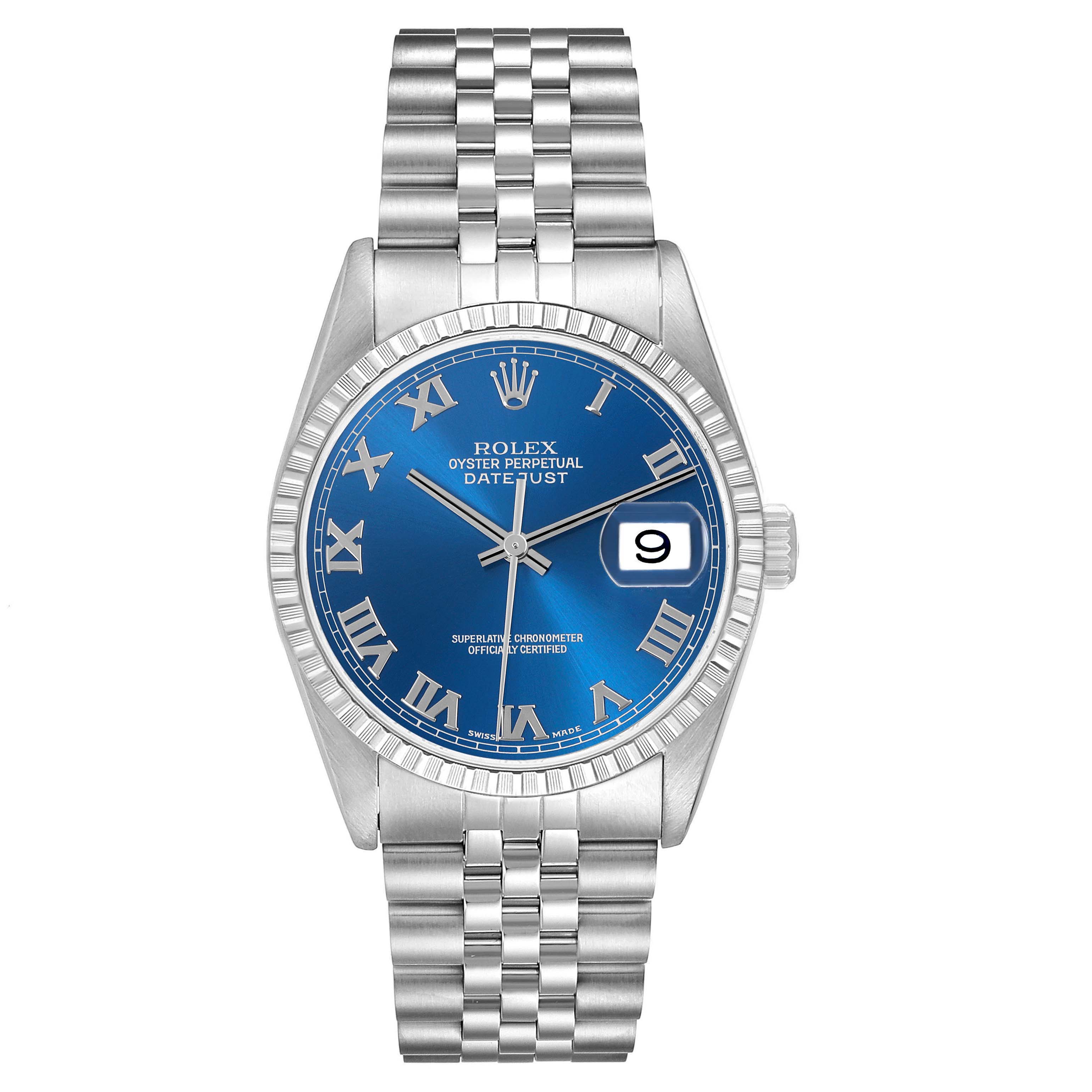 The Rolex Datejust 16220 Men's Stainless Steel Blue Dial 16220 Men's Stainless Steel Blue Dial model is shown from a frontal angle, highlighting its blue dial, Roman numerals, date window, and jubilee bracelet.