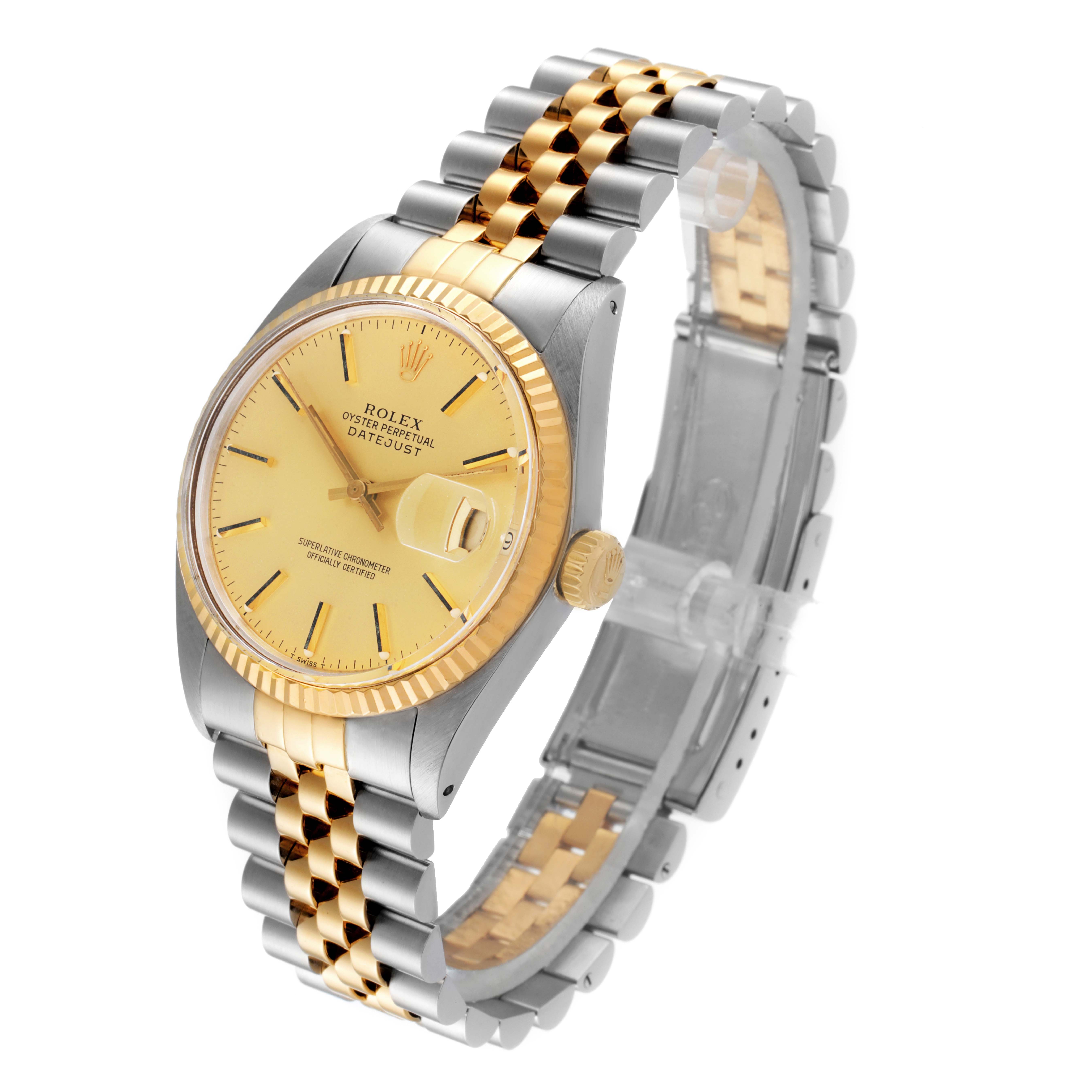 This image shows a Vintage Collection Rolex Datejust watch, angled to display the face, bezel, crown, and two-tone bracelet.