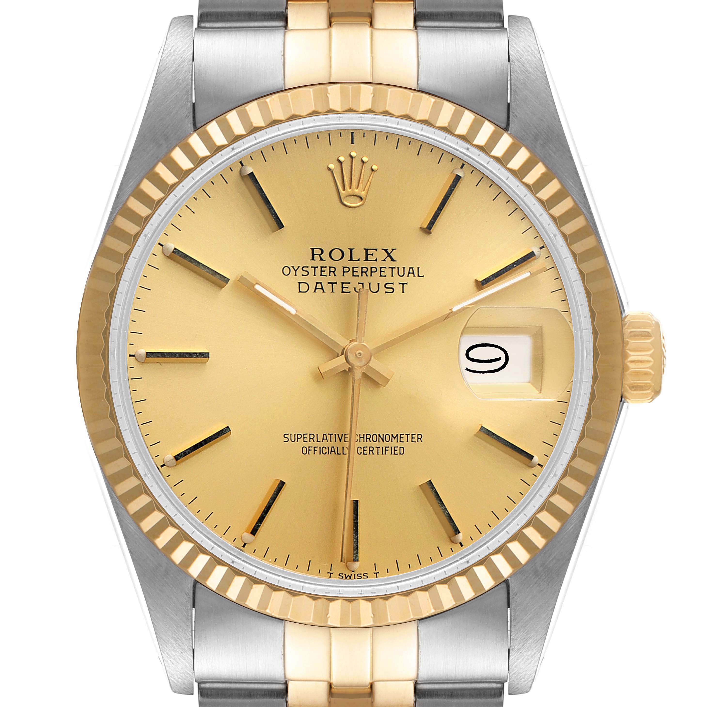 The image shows a front view of the Rolex Vintage Collection 16013 Men's Steel and Gold (two tone) Champagne Dial 16013 Men's Steel and Gold (two tone) Champagne Dial Oyster Perpetual Datejust watch with a gold dial and two-tone bracelet.