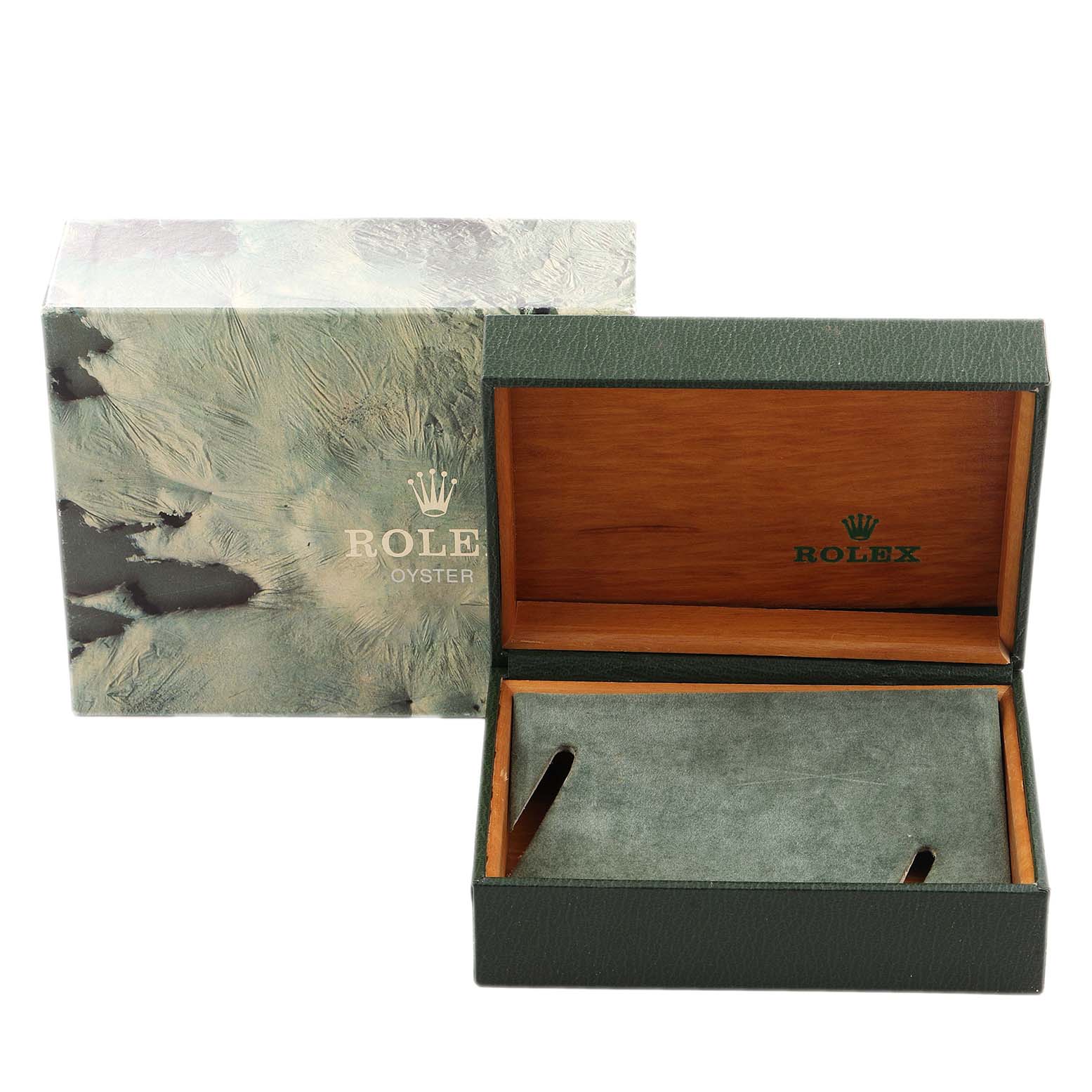 The image shows an open Rolex Vintage Collection 16013 Men's Steel and Gold (two tone) Champagne Dial 16013 Men's Steel and Gold (two tone) Champagne Dial box with a green and wooden interior, and its marbled outer box.