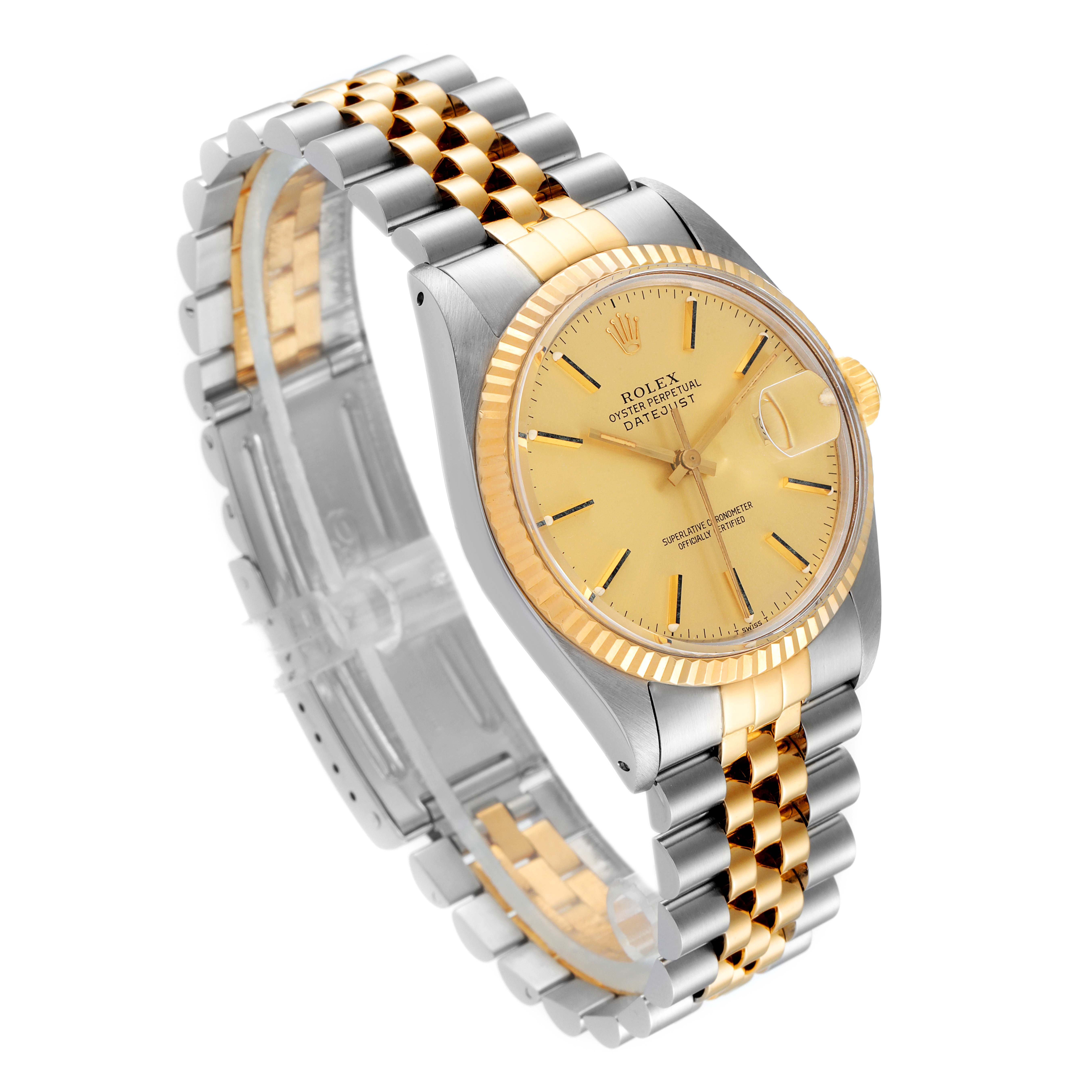 This Rolex Vintage Collection 16013 Men's Steel and Gold (two tone) Champagne Dial 16013 Men's Steel and Gold (two tone) Champagne Dial model watch is shown at a three-quarter angle, highlighting its gold dial, bezel, and two-tone bracelet.