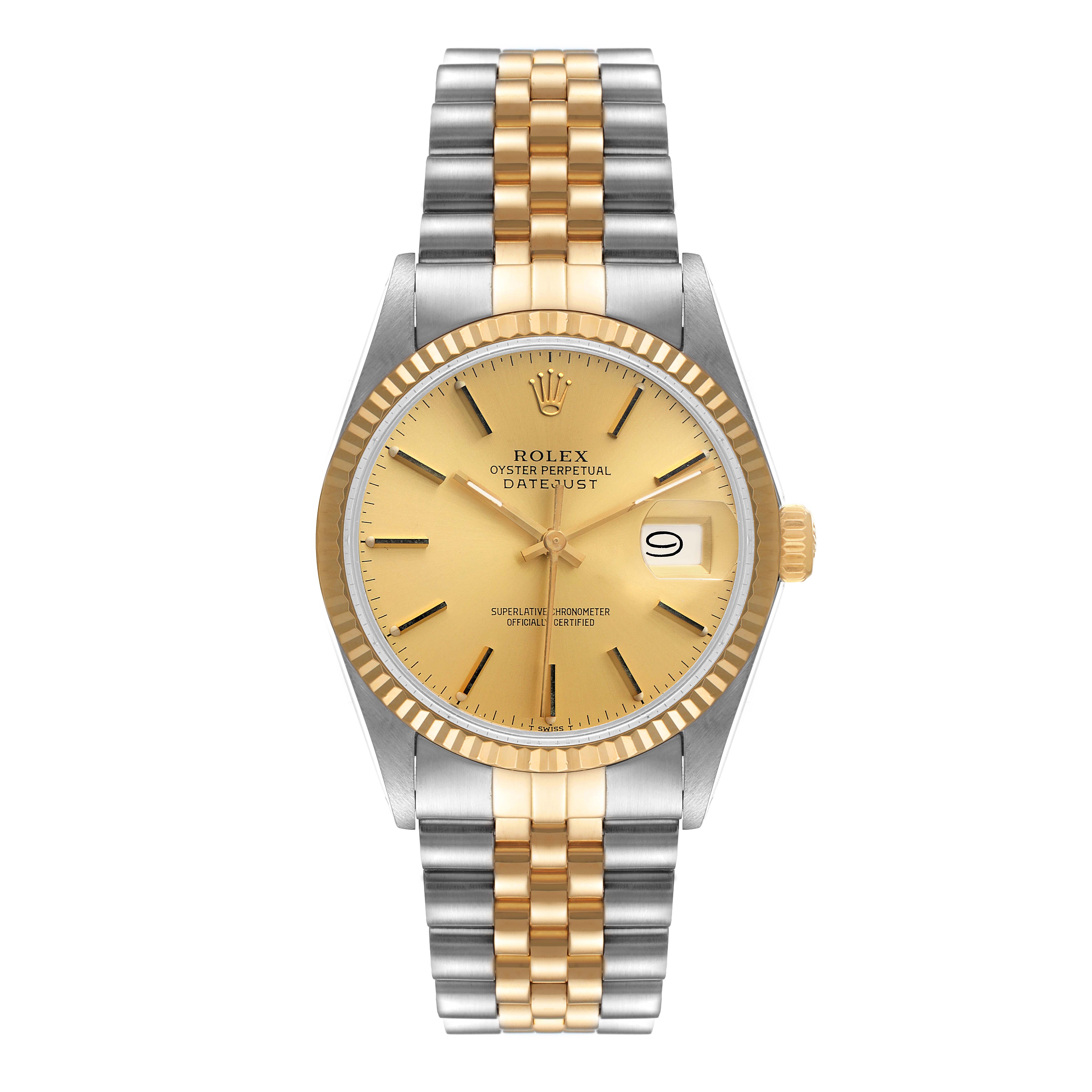 The Rolex Vintage Collection 16013 Men's Steel and Gold (two tone) Champagne Dial 16013 Men's Steel and Gold (two tone) Champagne Dial model is shown from a front angle, displaying its gold dial, date window, and two-tone bracelet.