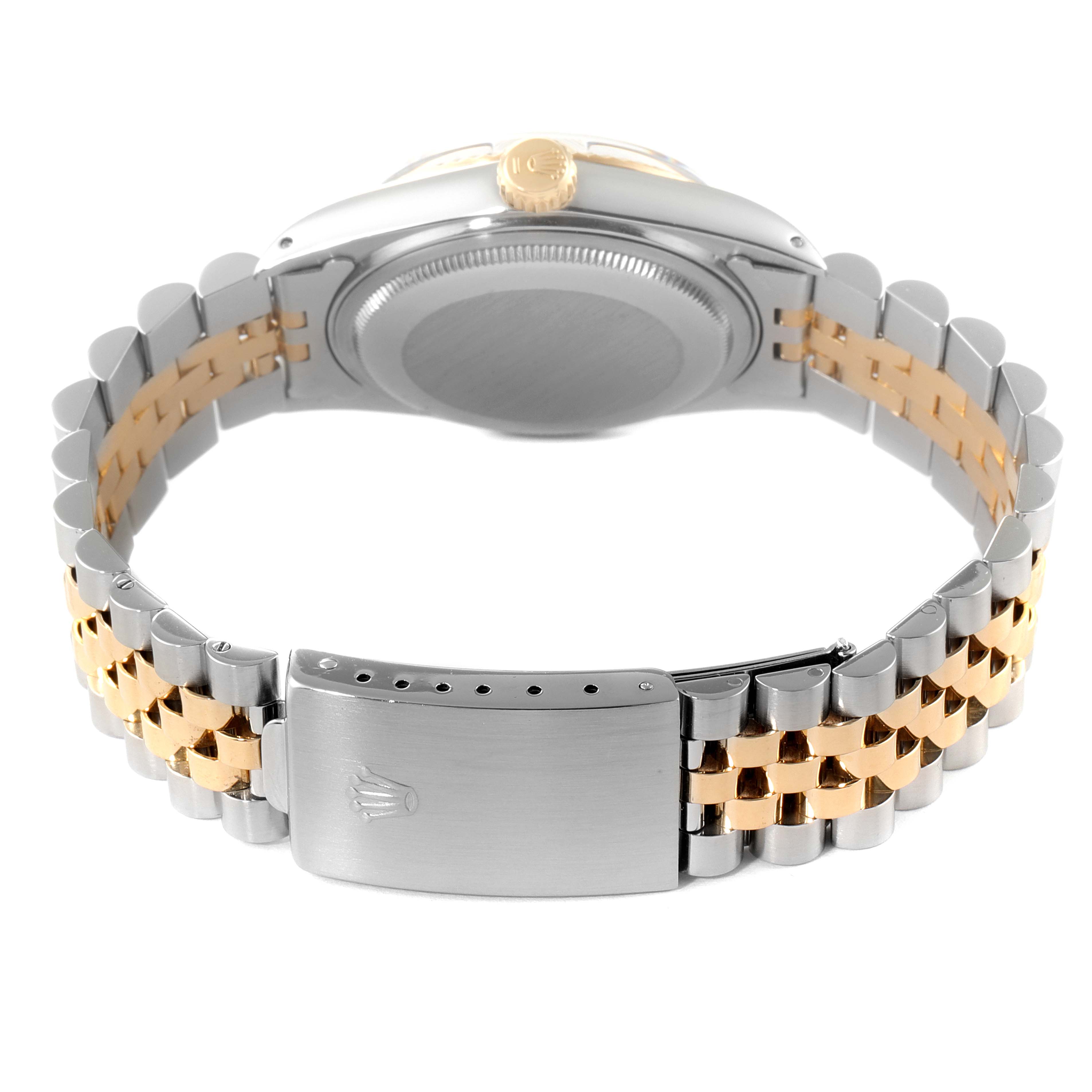 This image shows the back case and bracelet of a Rolex Vintage Collection 16013 Men's Steel and Gold (two tone) Champagne Dial 16013 Men's Steel and Gold (two tone) Champagne Dial model, highlighting its bi-color metal links and clasp.