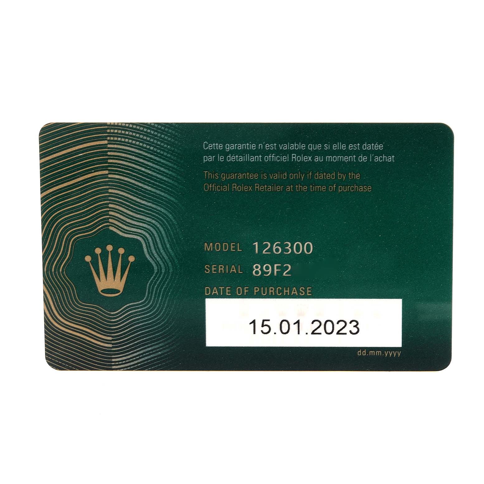 The image shows a Rolex warranty card for the Datejust 41 model, with the model number 126300 and date of purchase 15.01.2023.