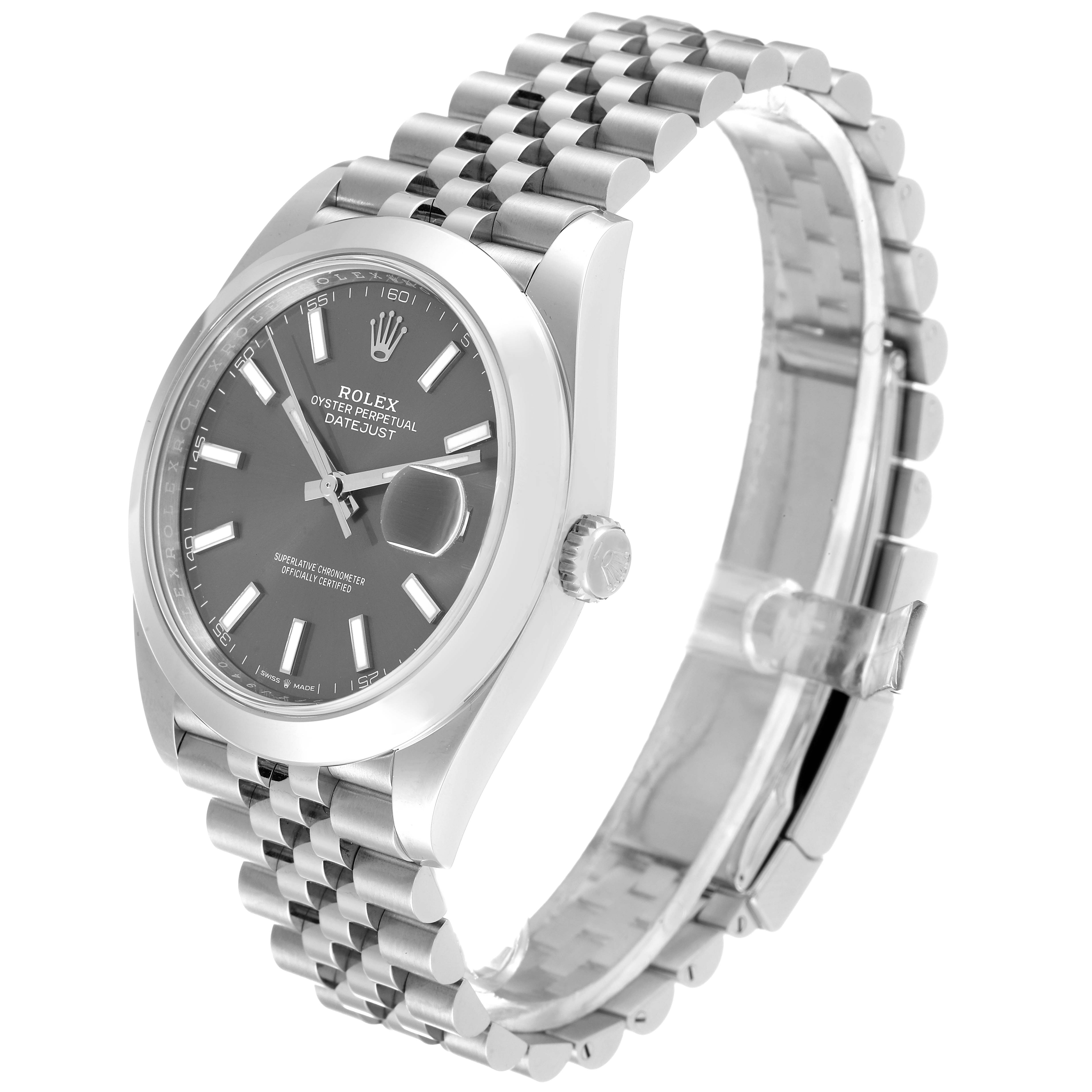 This image shows the front and side of the Rolex Datejust 41 126300 Men
s Stainless Steel Grey Dial 126300 Men
s Stainless Steel Grey Dial watch, highlighting its face, bezel, crown, and bracelet.