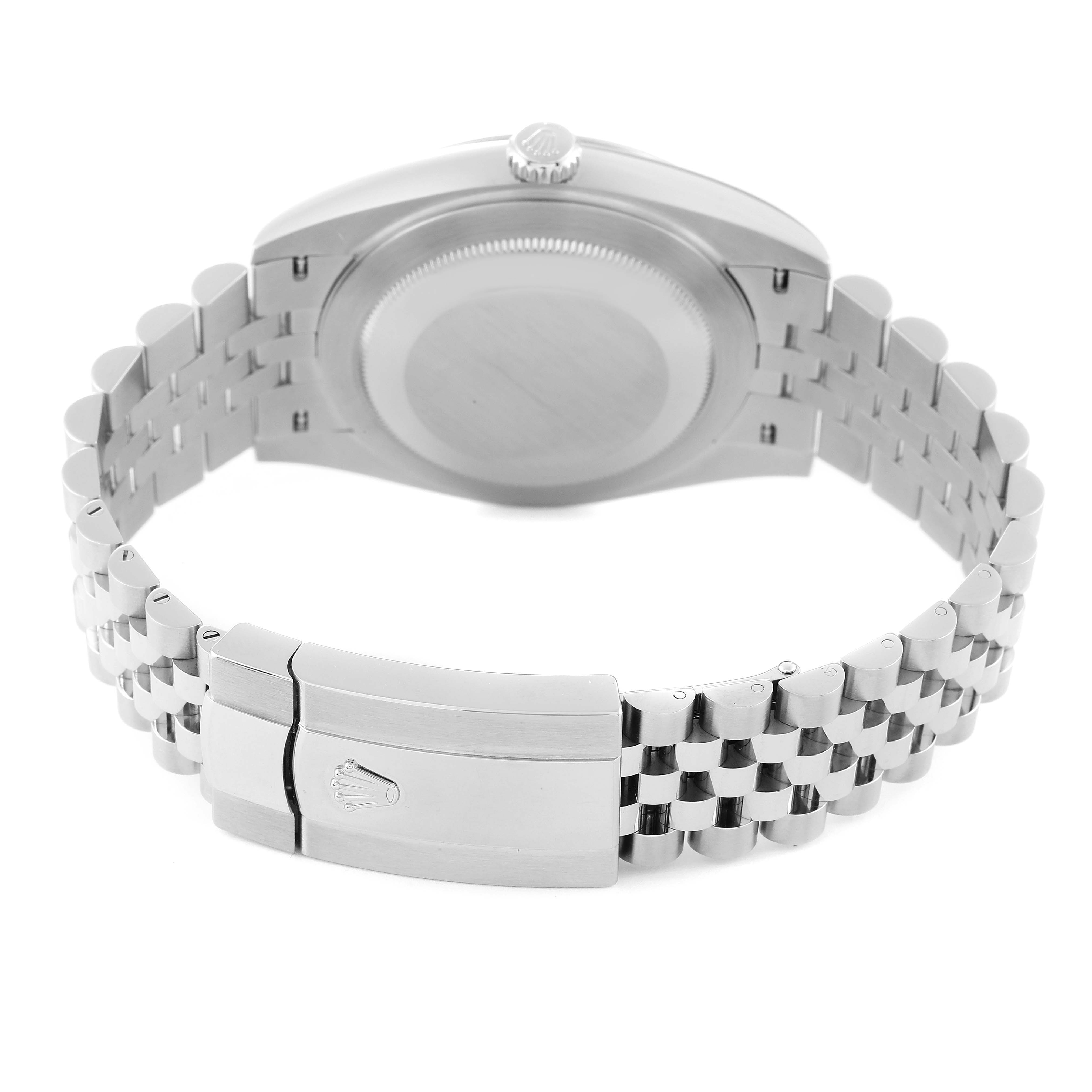 The image shows the back view of a Rolex Datejust 41 126300 Men
s Stainless Steel Grey Dial 126300 Men
s Stainless Steel Grey Dial watch, focusing on the case back and the bracelet with the clasp.
