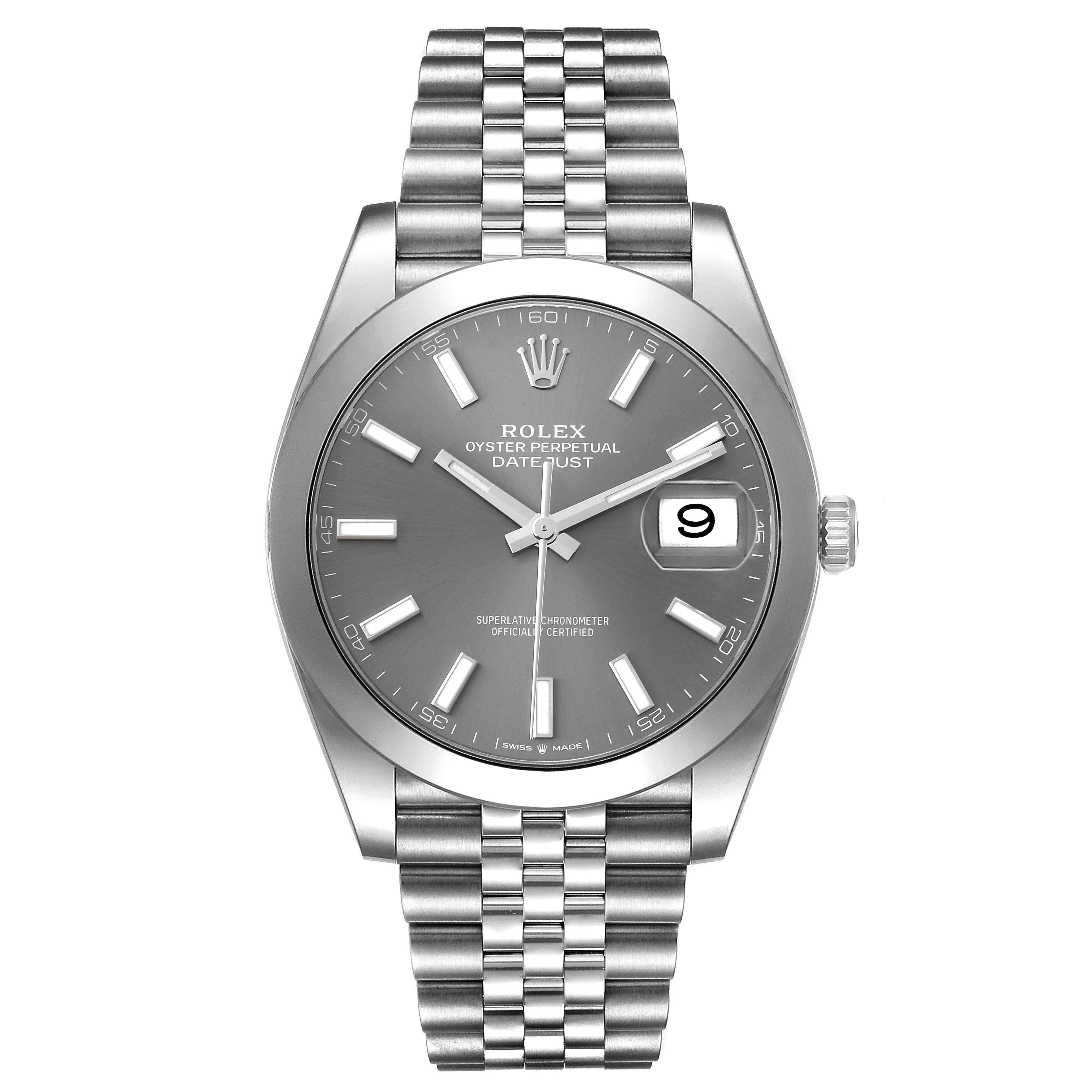 This is a front view of a Rolex Datejust 41 126300 Men
s Stainless Steel Grey Dial 126300 Men
s Stainless Steel Grey Dial watch, showing the dial, bezel, and bracelet.