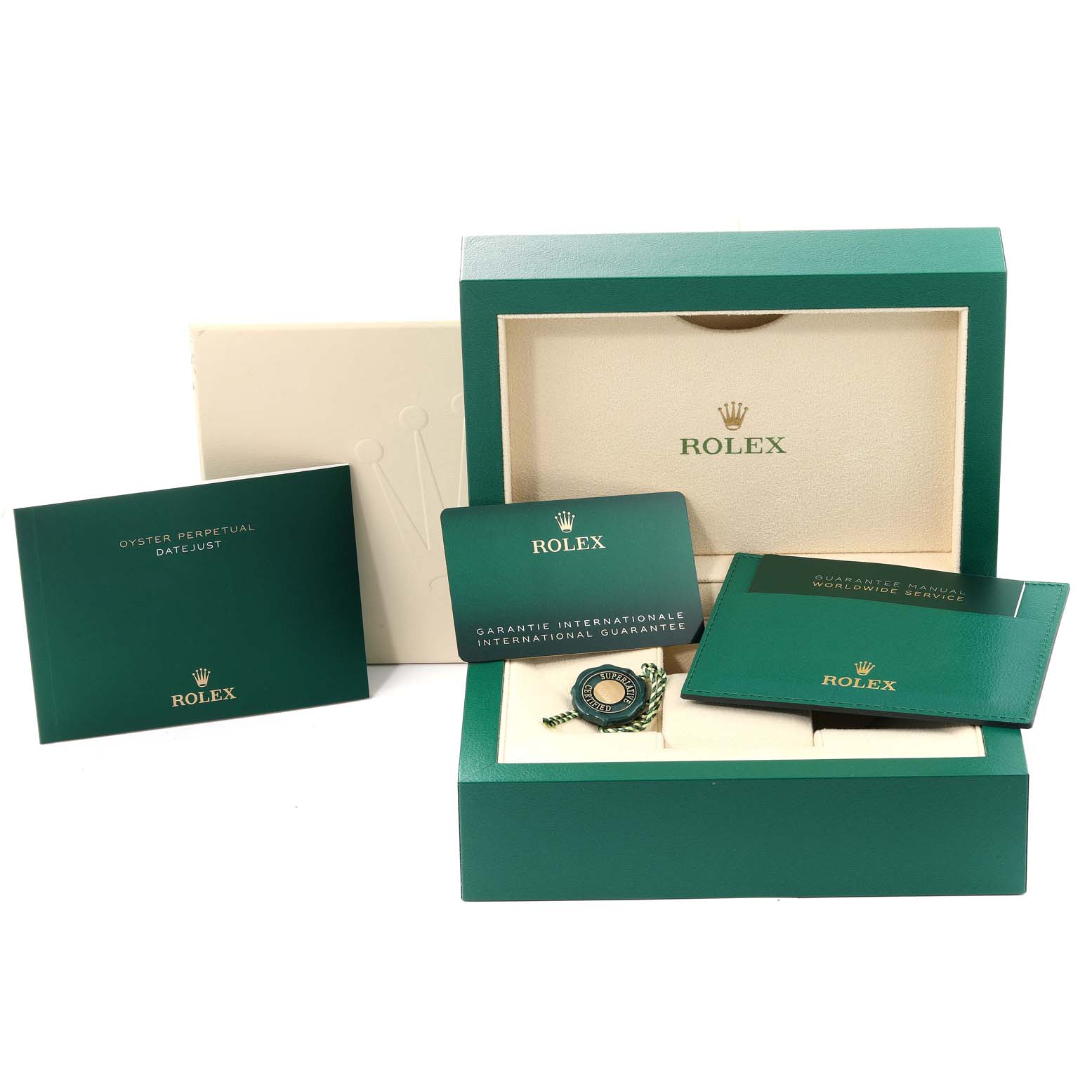 This image shows the packaging contents of a Rolex Datejust 41 126300 Men
s Stainless Steel Grey Dial 126300 Men
s Stainless Steel Grey Dial, including the box, warranty card, manual, and tag.