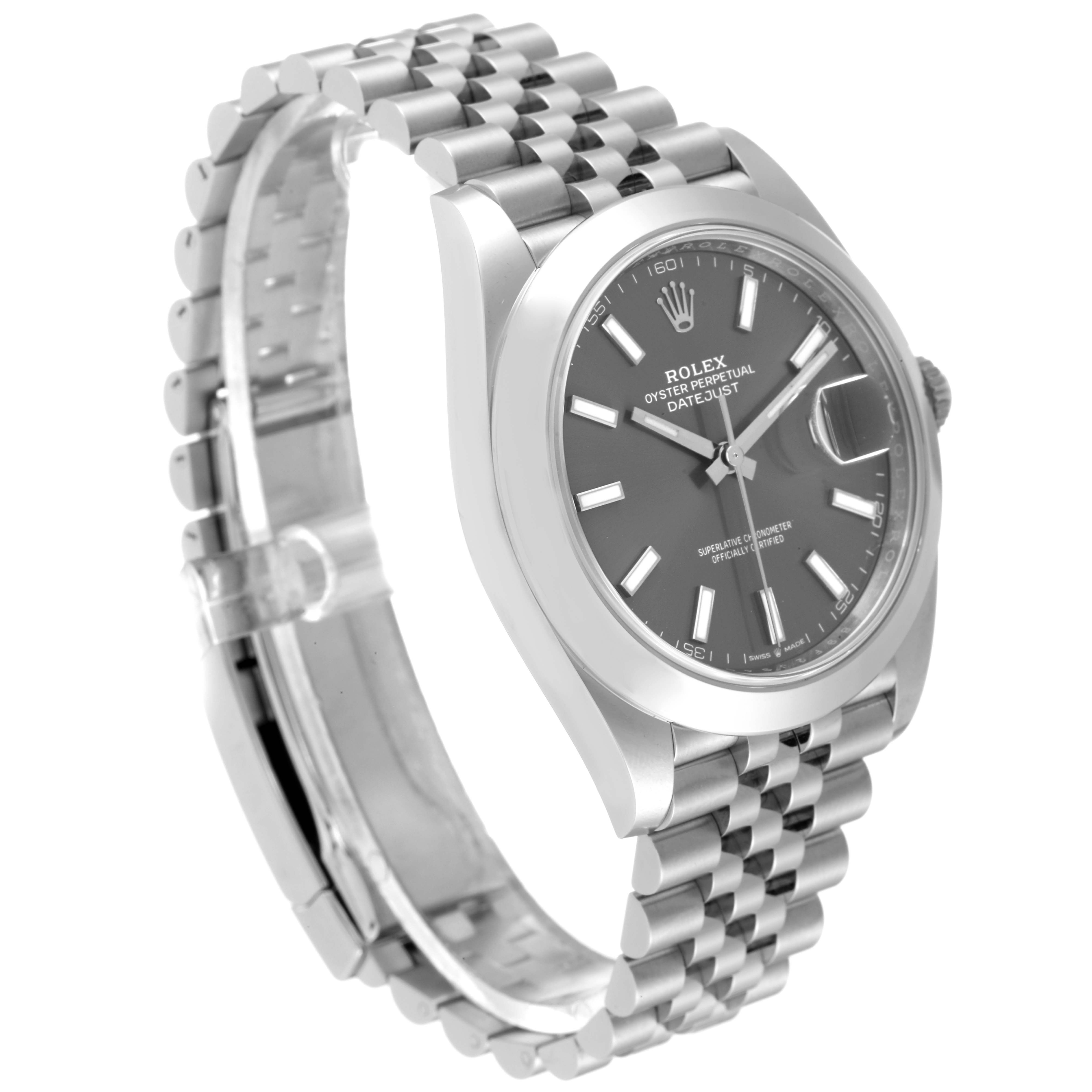 This image shows a side perspective of the Rolex Datejust 41 126300 Men
s Stainless Steel Grey Dial 126300 Men
s Stainless Steel Grey Dial watch, highlighting its gray dial and Jubilee bracelet.