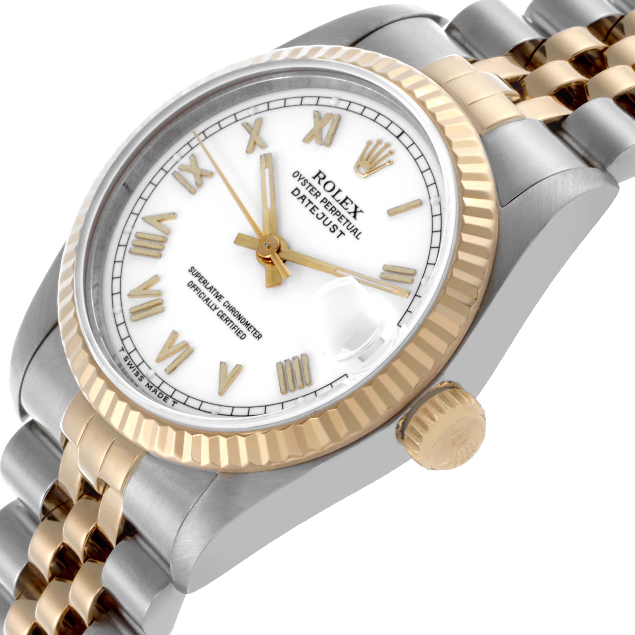 The Rolex Mid-Size 68273 Women's Steel and Gold (two tone) White Dial 68273 Women's Steel and Gold (two tone) White Dial Datejust is shown from a tilted angle, highlighting the dial, bezel, and part of the bracelet.