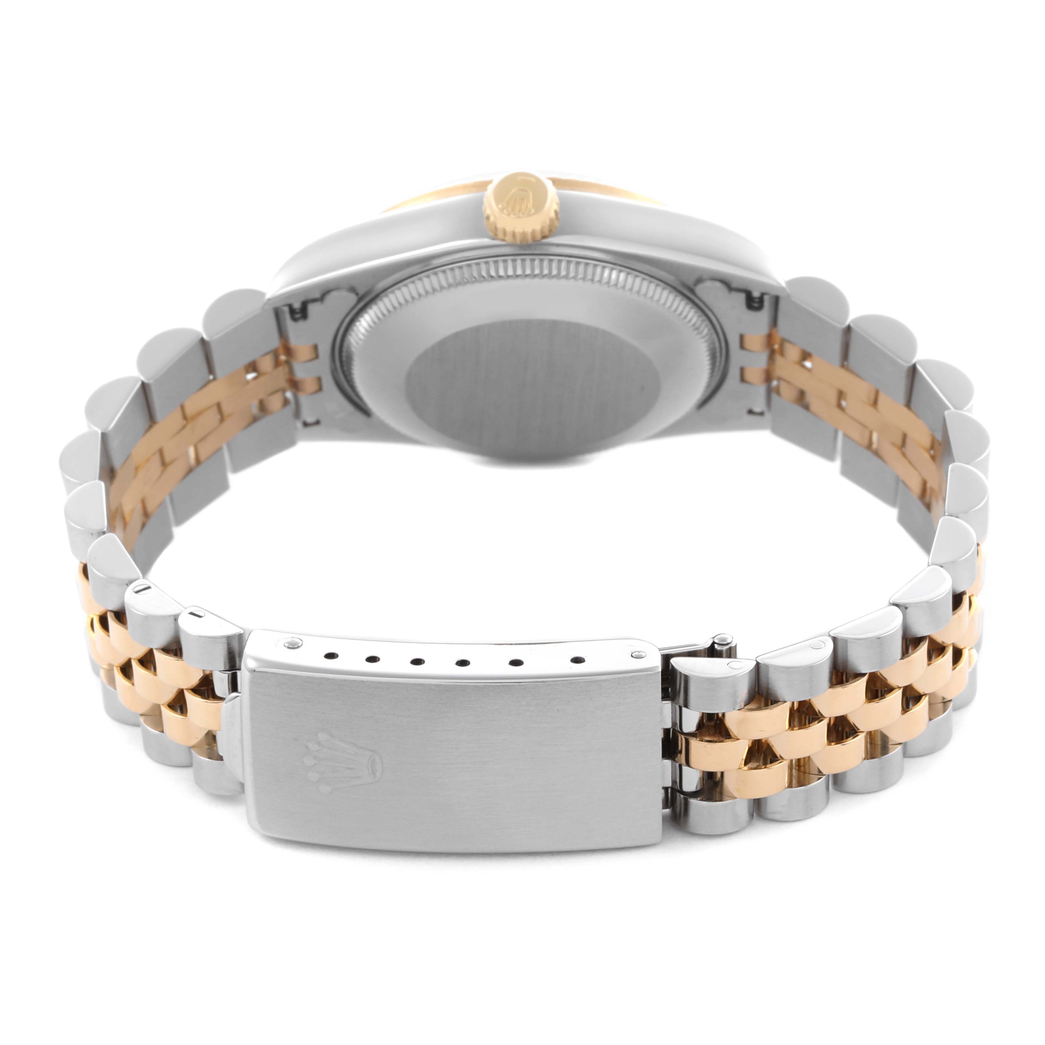 The image shows the back and bracelet of a Rolex Mid-Size 68273 Women's Steel and Gold (two tone) White Dial 68273 Women's Steel and Gold (two tone) White Dial model, highlighting the clasp, case back, and links.