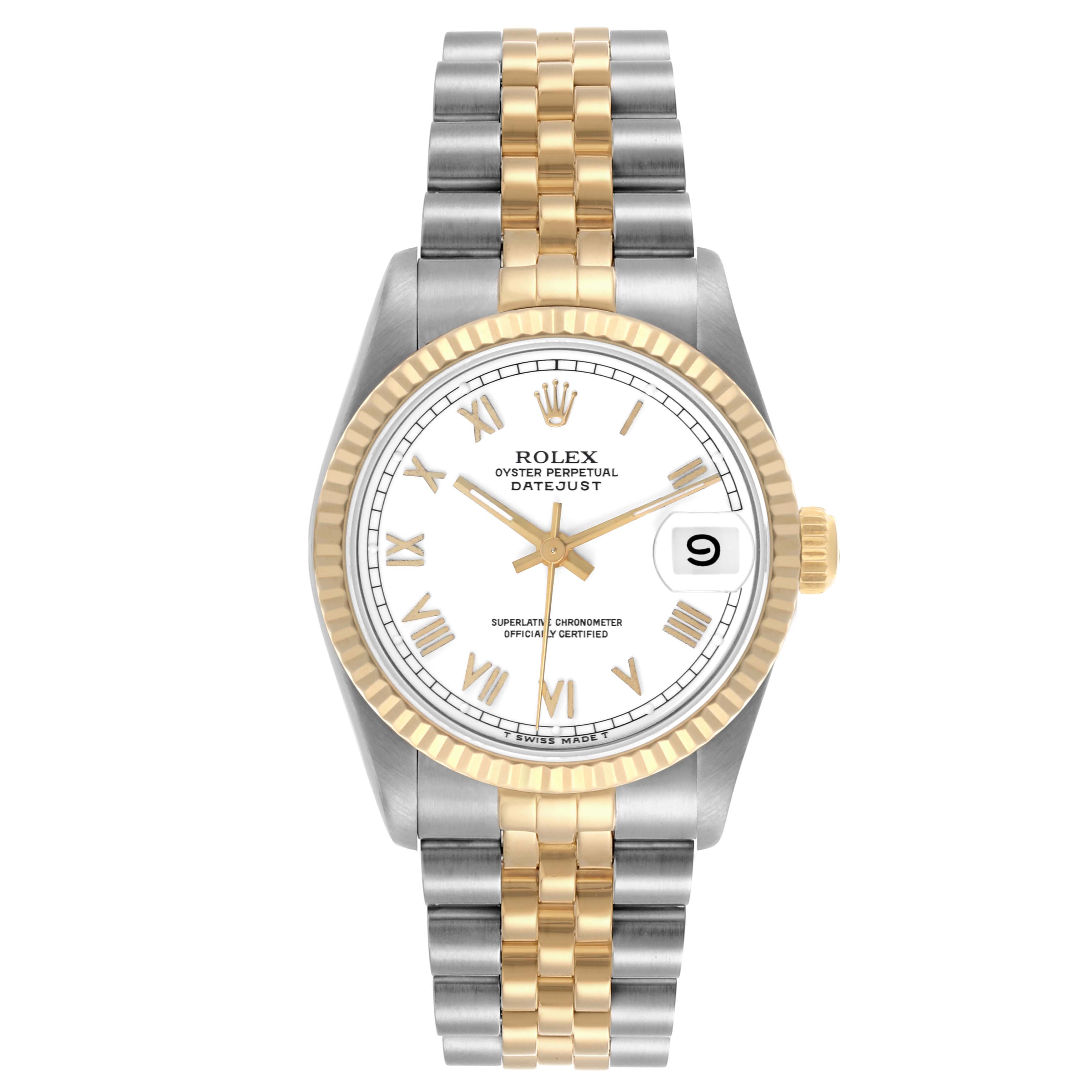 The Rolex Mid-Size 68273 Women's Steel and Gold (two tone) White Dial 68273 Women's Steel and Gold (two tone) White Dial watch is shown from a top view, displaying the face, fluted bezel, and two-tone bracelet.