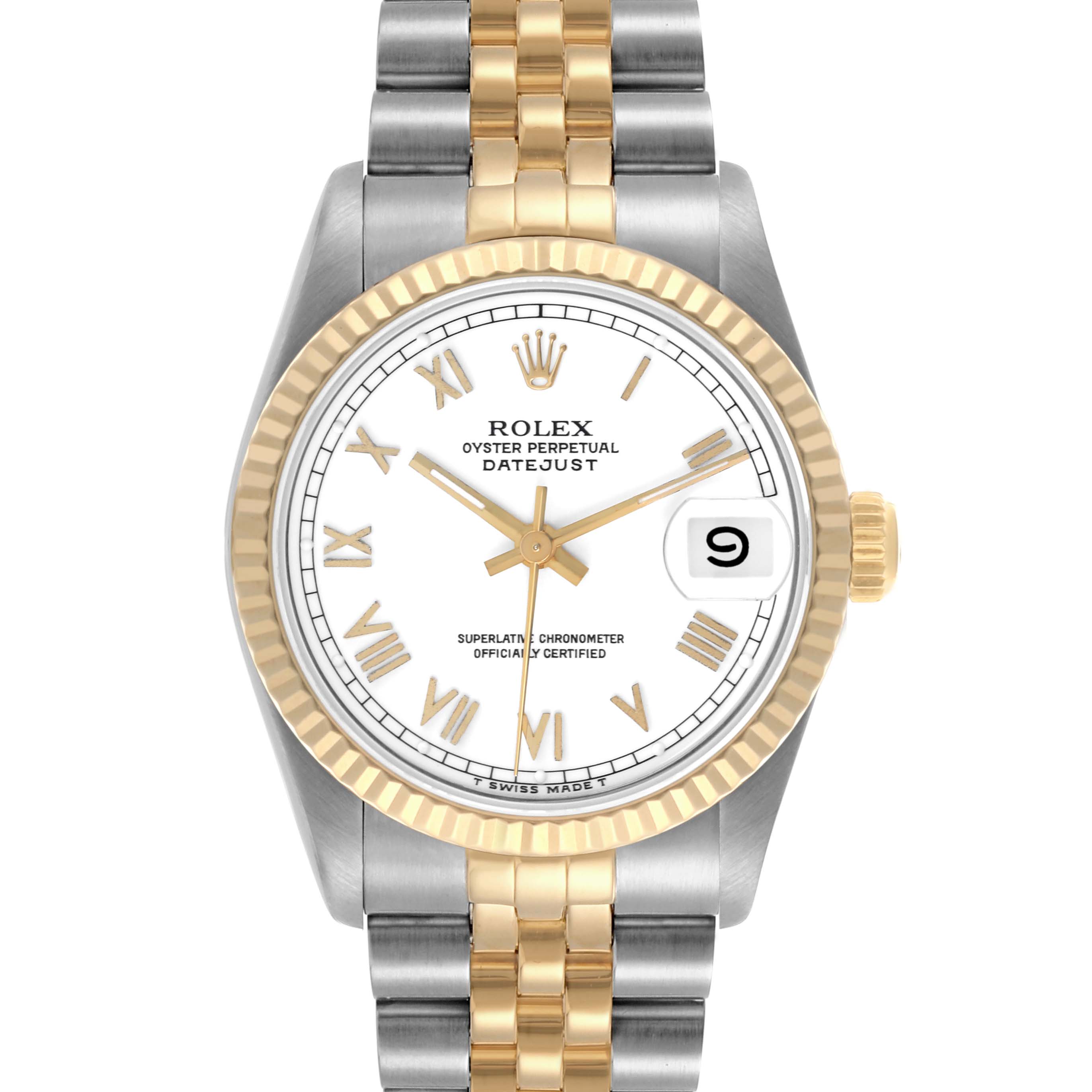 The Rolex Mid-Size 68273 Women's Steel and Gold (two tone) White Dial 68273 Women's Steel and Gold (two tone) White Dial model is shown from the front, displaying the dial, bezel, and bracelet.