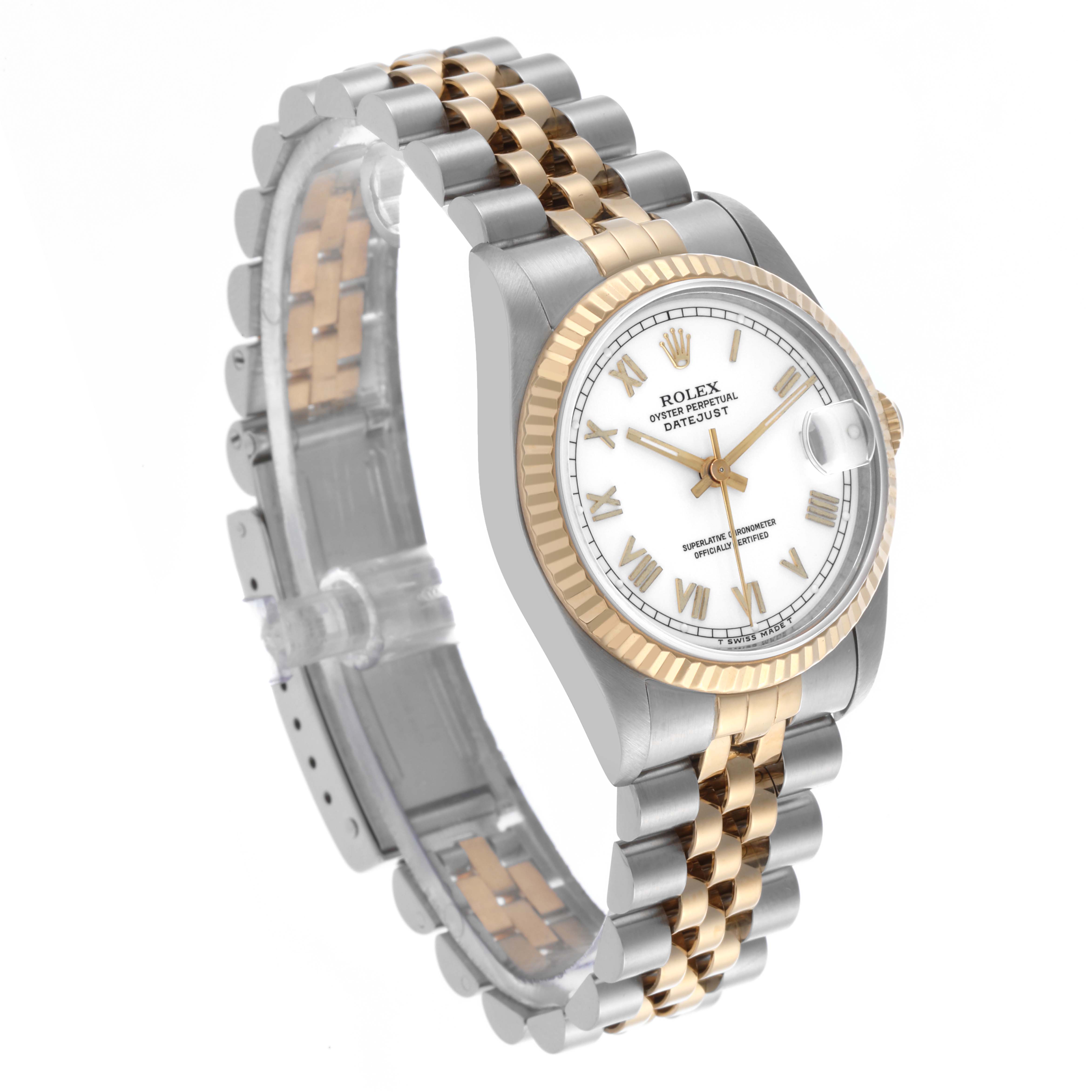 The Rolex Mid-Size 68273 Women's Steel and Gold (two tone) White Dial 68273 Women's Steel and Gold (two tone) White Dial model is shown at a slight angle, highlighting the two-tone bracelet, fluted bezel, and dial with Roman numerals.