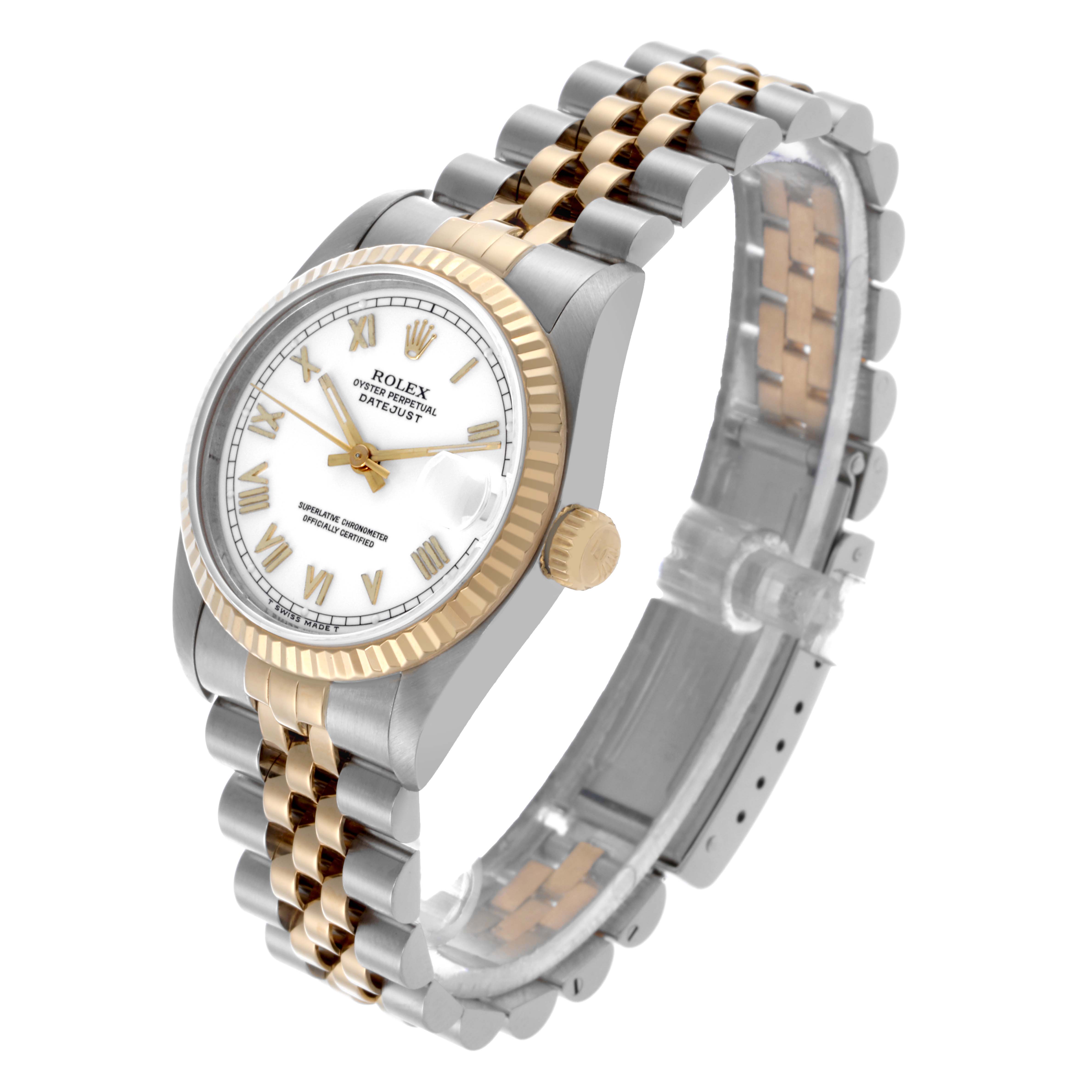 The Rolex Mid-Size 68273 Women's Steel and Gold (two tone) White Dial 68273 Women's Steel and Gold (two tone) White Dial watch is shown at an angle highlighting the dial, bezel, crown, and Jubilee bracelet.
